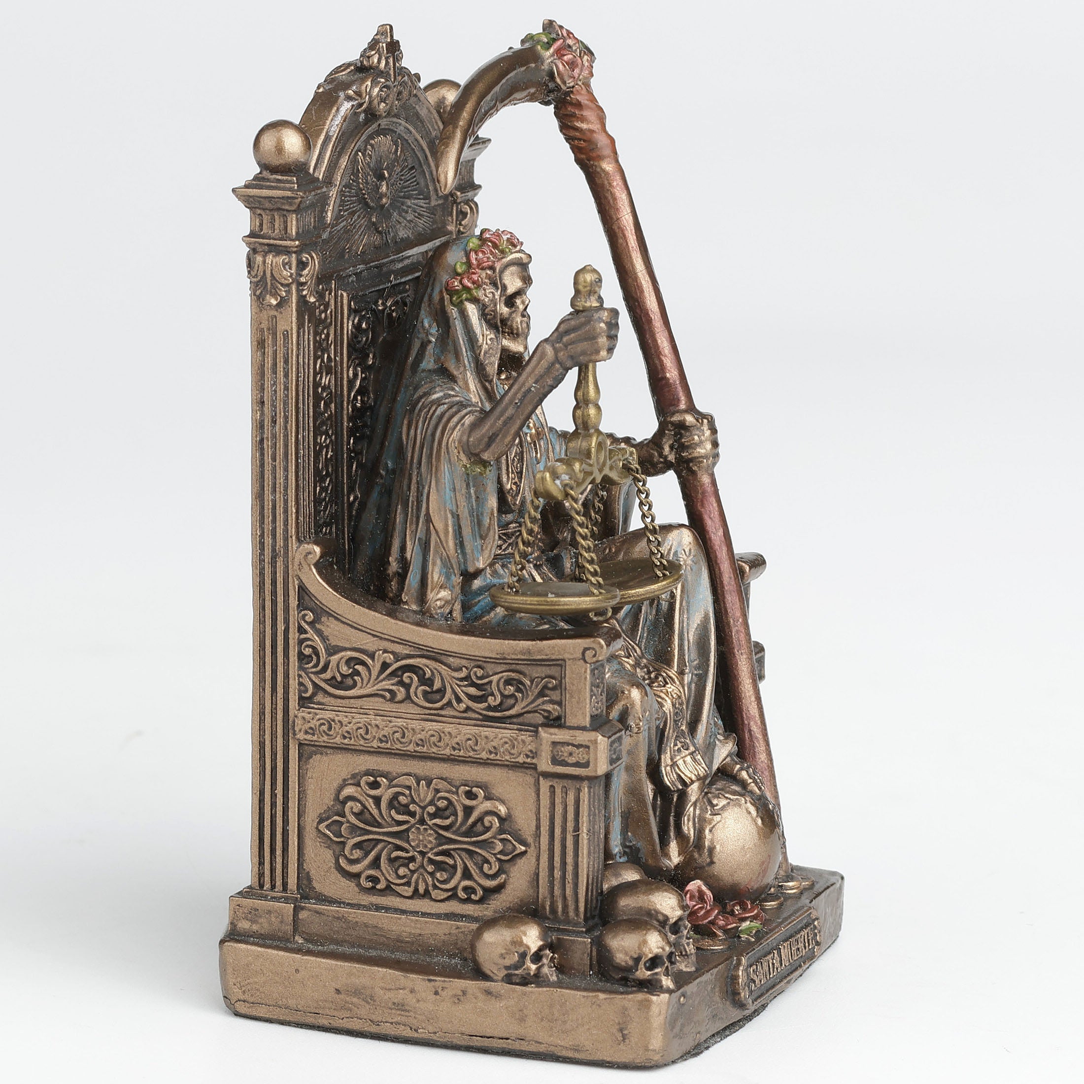 Santa Muerte Seating On Throne Holding Scythe And Scale