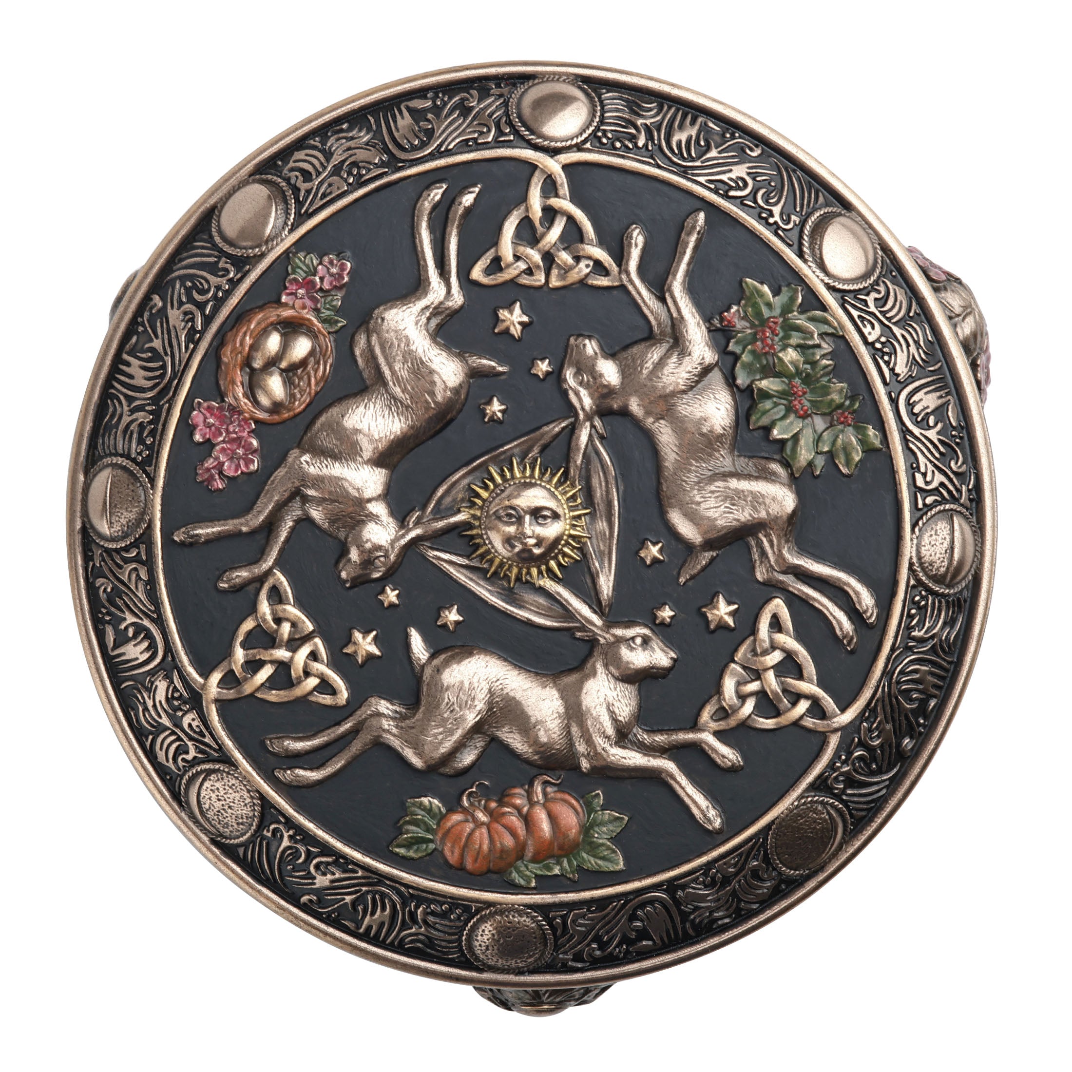 Celestial Abundance Triple Moon Hares Round Trinket Box