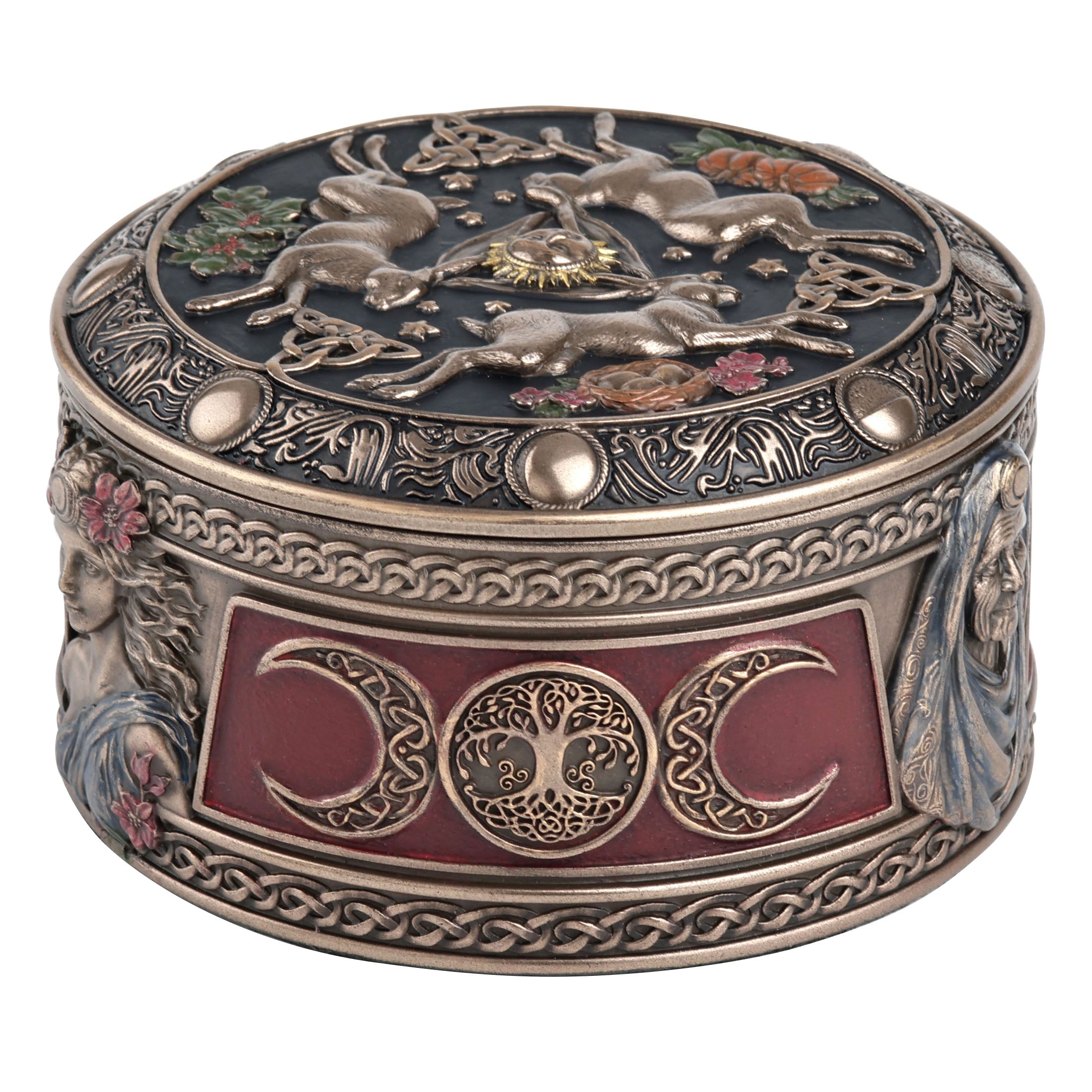 Celestial Abundance Triple Moon Hares Round Trinket Box