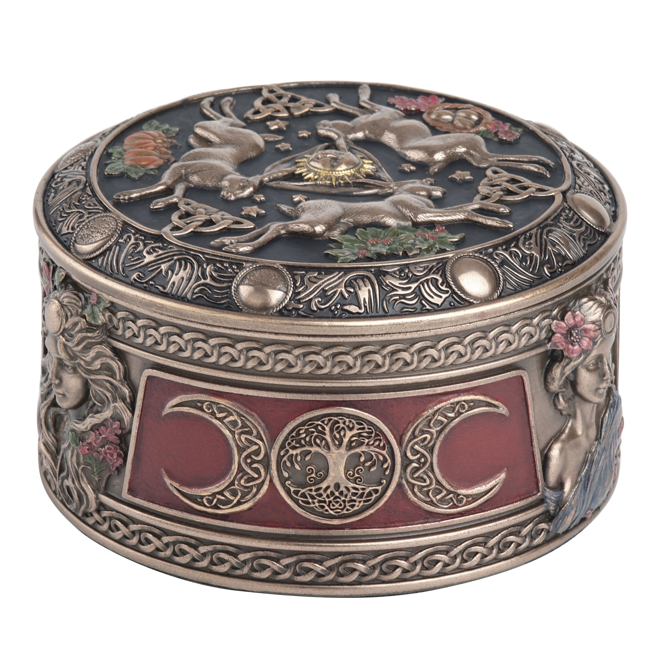 Celestial Abundance Triple Moon Hares Round Trinket Box