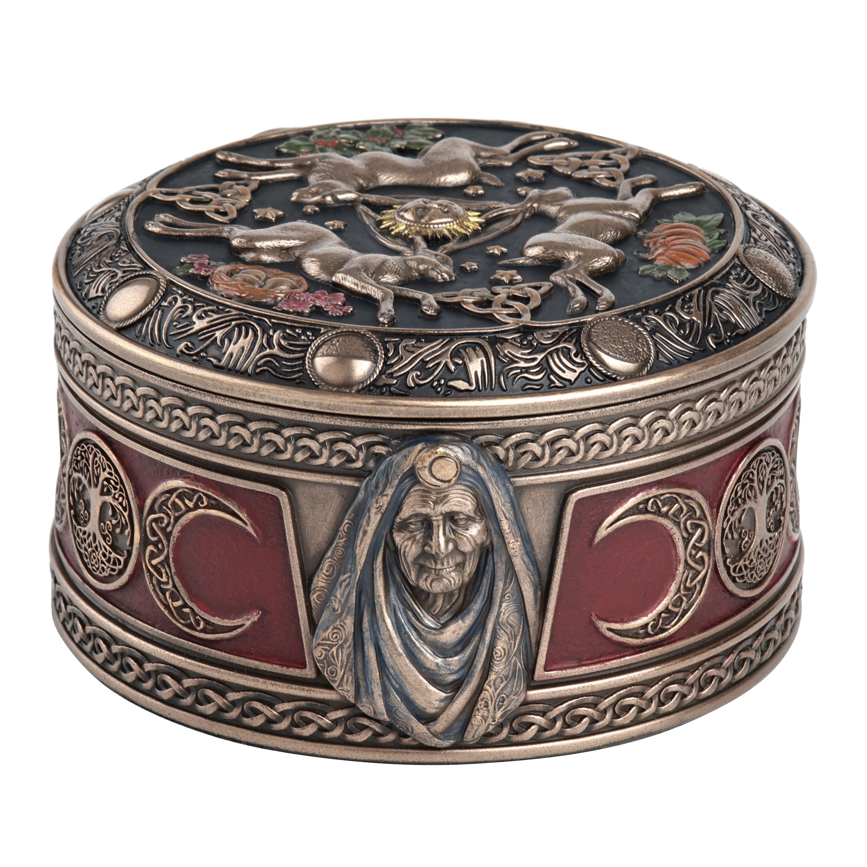 Celestial Abundance Triple Moon Hares Round Trinket Box