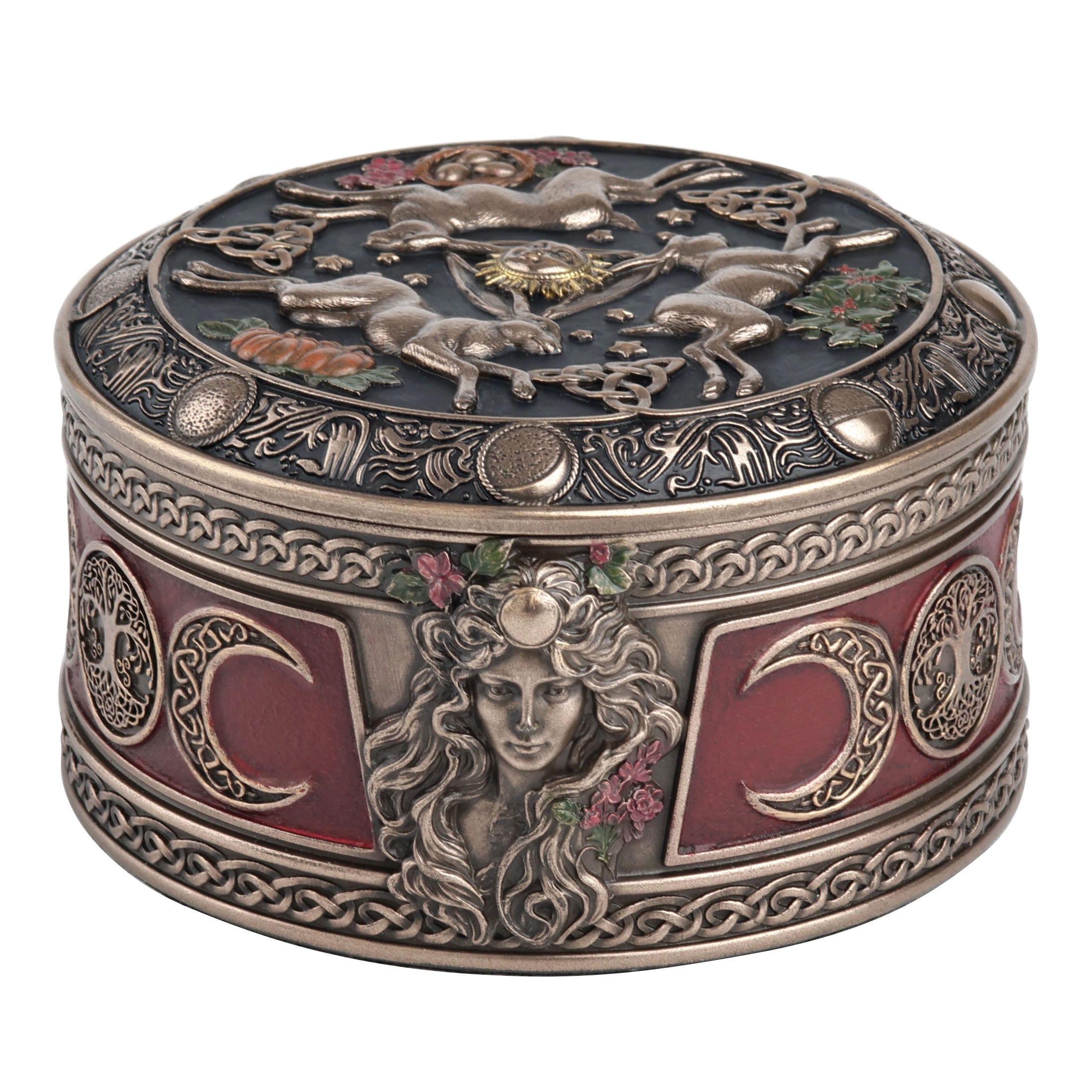 Celestial Abundance Triple Moon Hares Round Trinket Box
