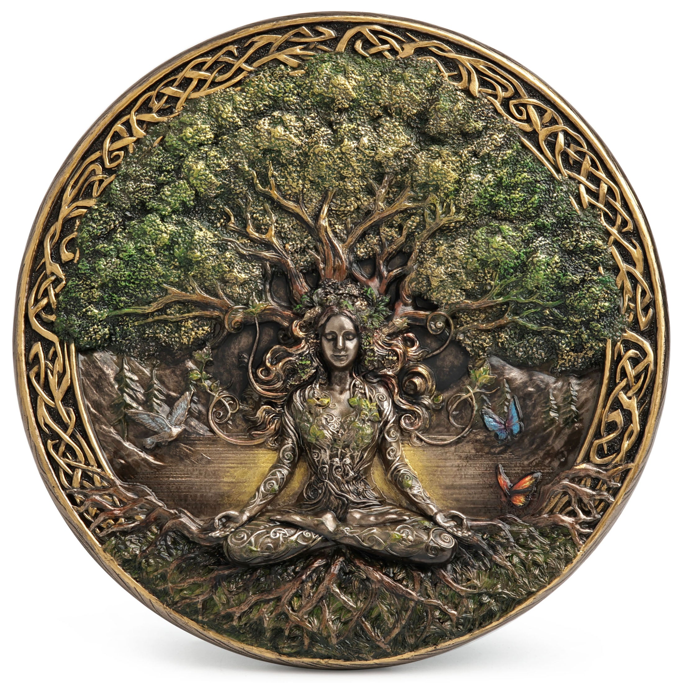 Goddess Meditating Under Tree Of Life Round Wall Plaque