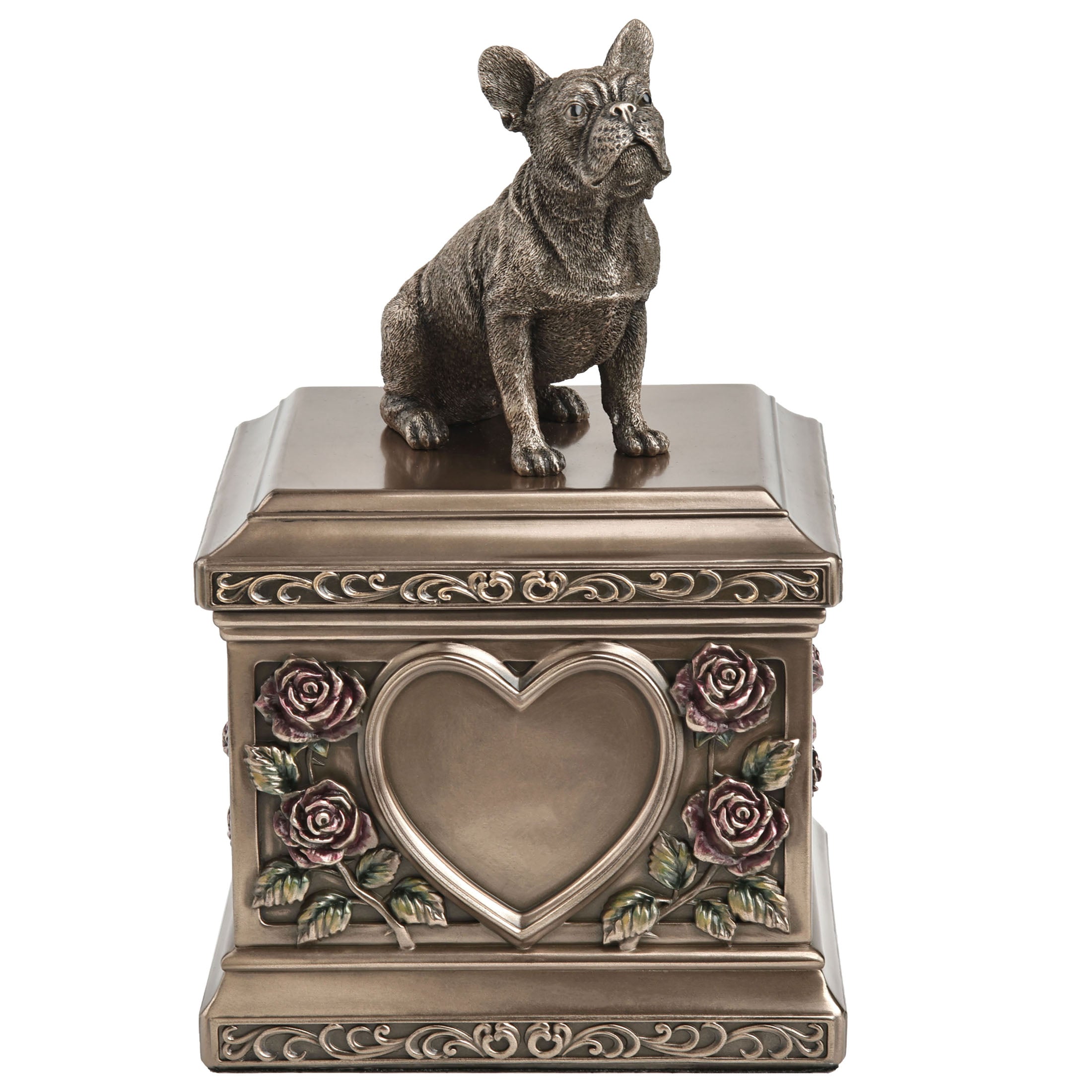 Sitting French Bull Dog Pet Memorial Urn Rectangular Rose Relief (1000 ml)