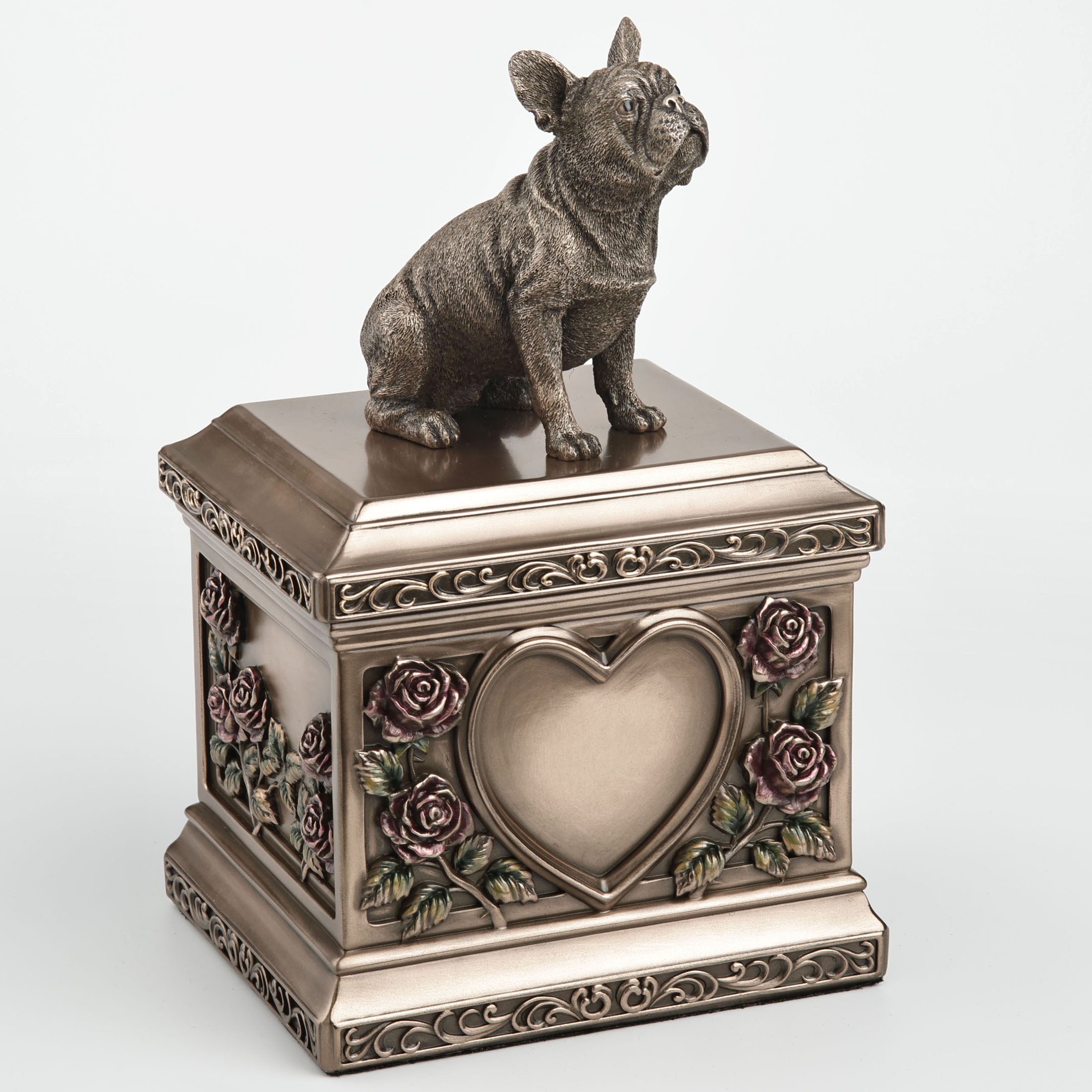Sitting French Bull Dog Pet Memorial Urn Rectangular Rose Relief (1000 ml)