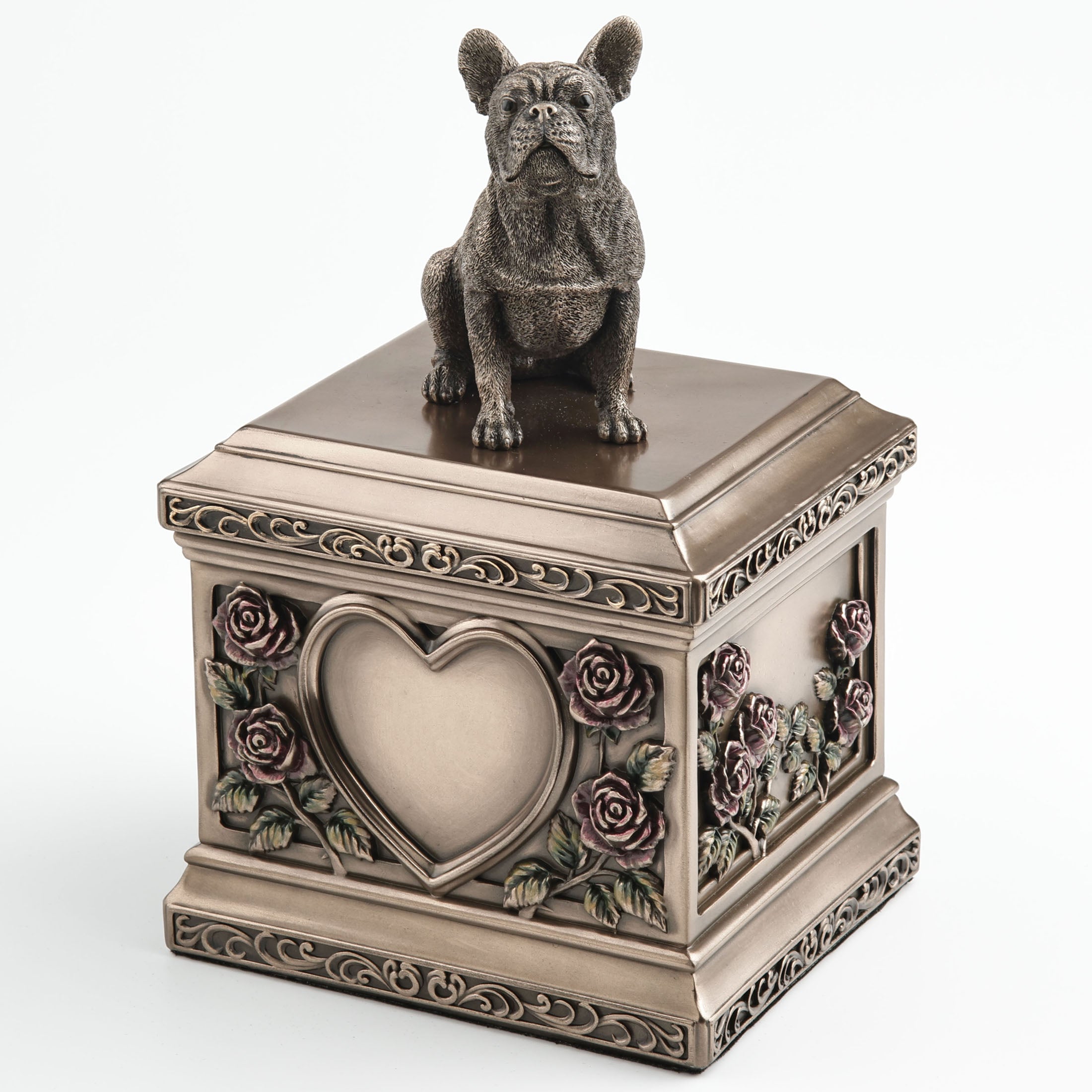 Sitting French Bull Dog Pet Memorial Urn Rectangular Rose Relief (1000 ml)