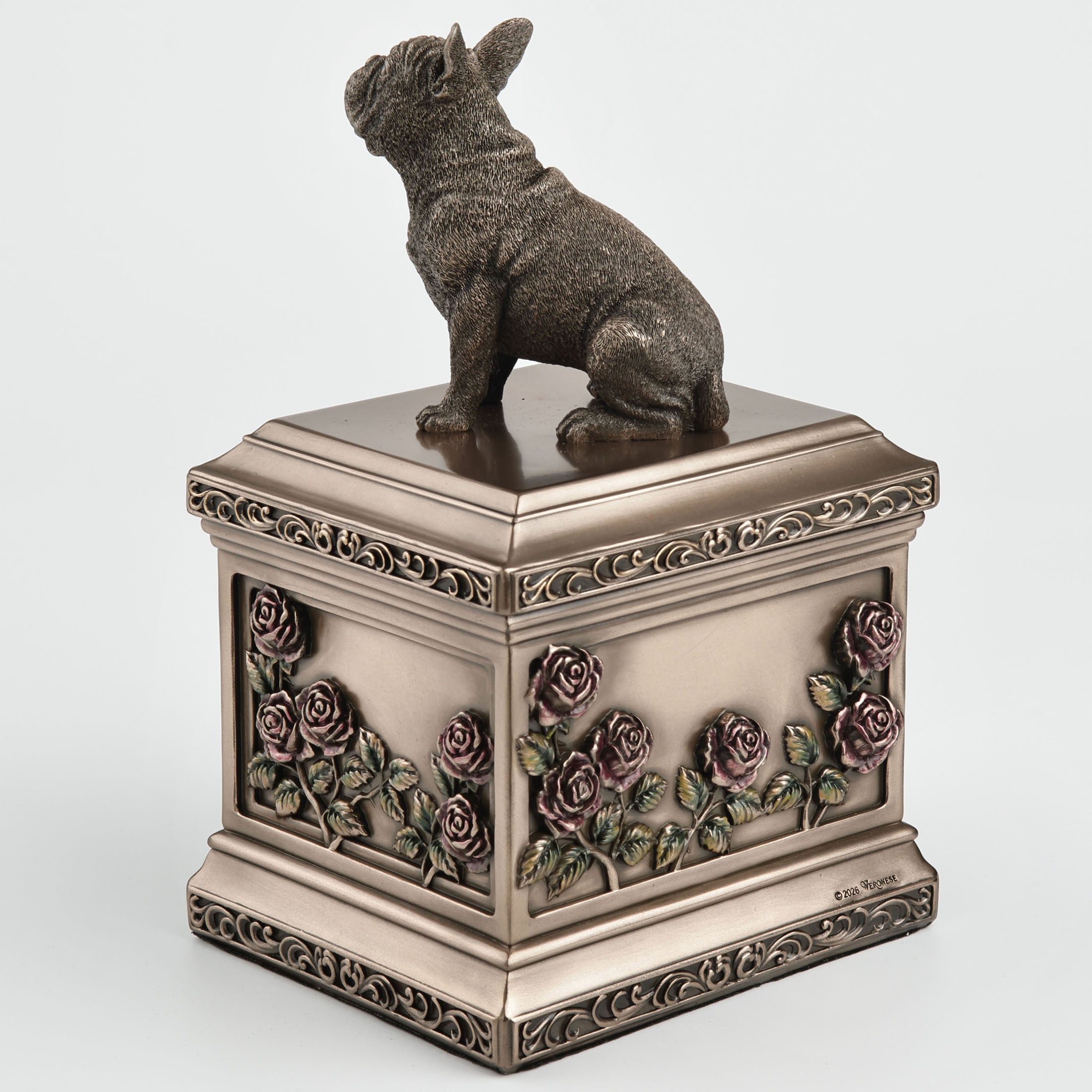 Sitting French Bull Dog Pet Memorial Urn Rectangular Rose Relief (1000 ml)