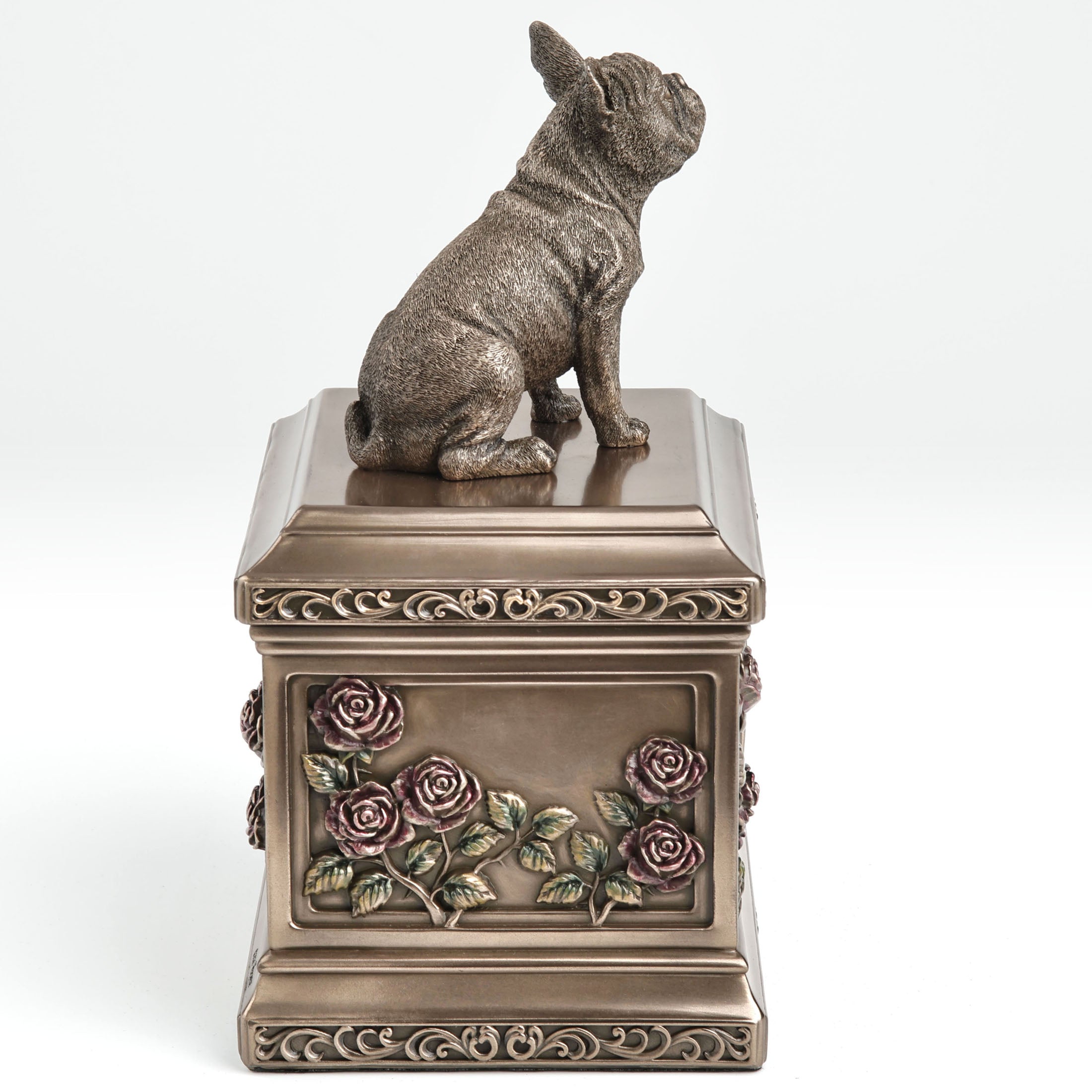 Sitting French Bull Dog Pet Memorial Urn Rectangular Rose Relief (1000 ml)