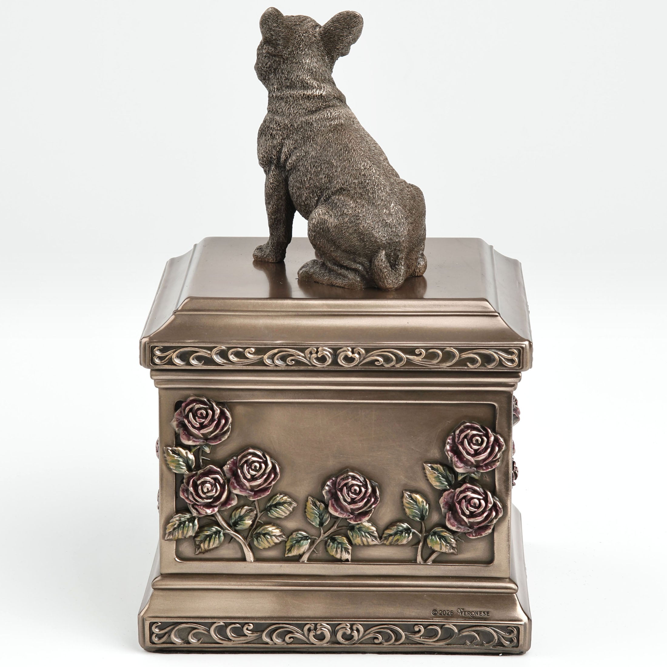Sitting French Bull Dog Pet Memorial Urn Rectangular Rose Relief (1000 ml)