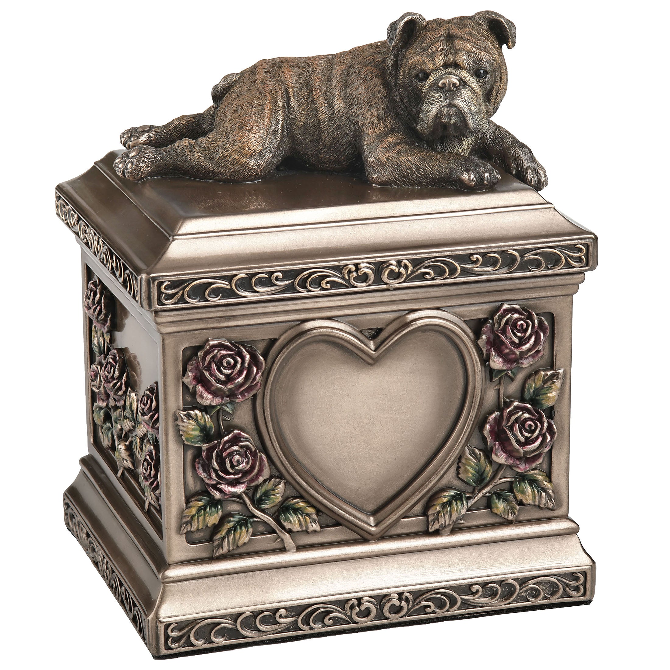 Lying English Bulldog Pet Memorial Rectangular Urn Rose Relief (1200 ml)