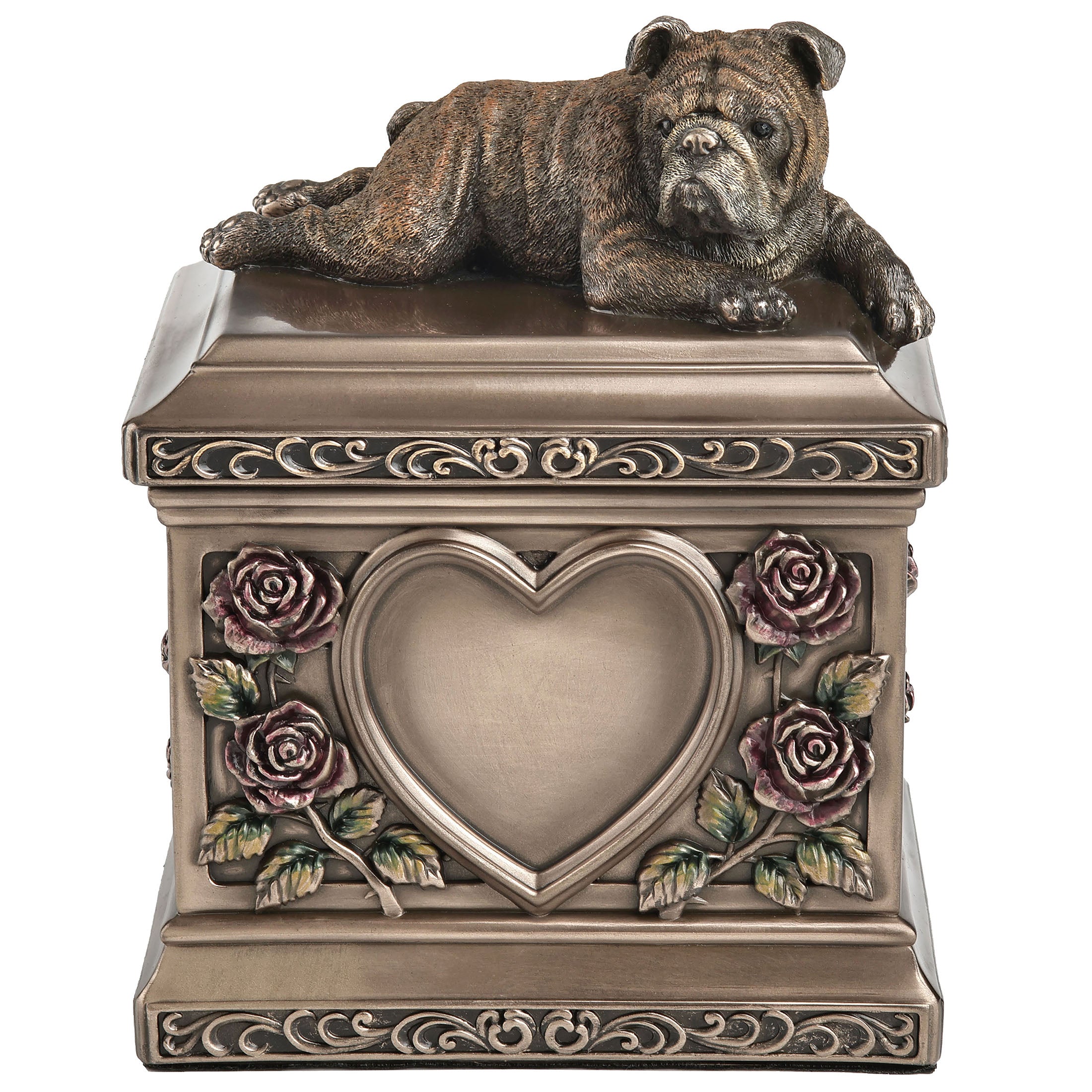 Lying English Bulldog Pet Memorial Rectangular Urn Rose Relief (1200 ml)