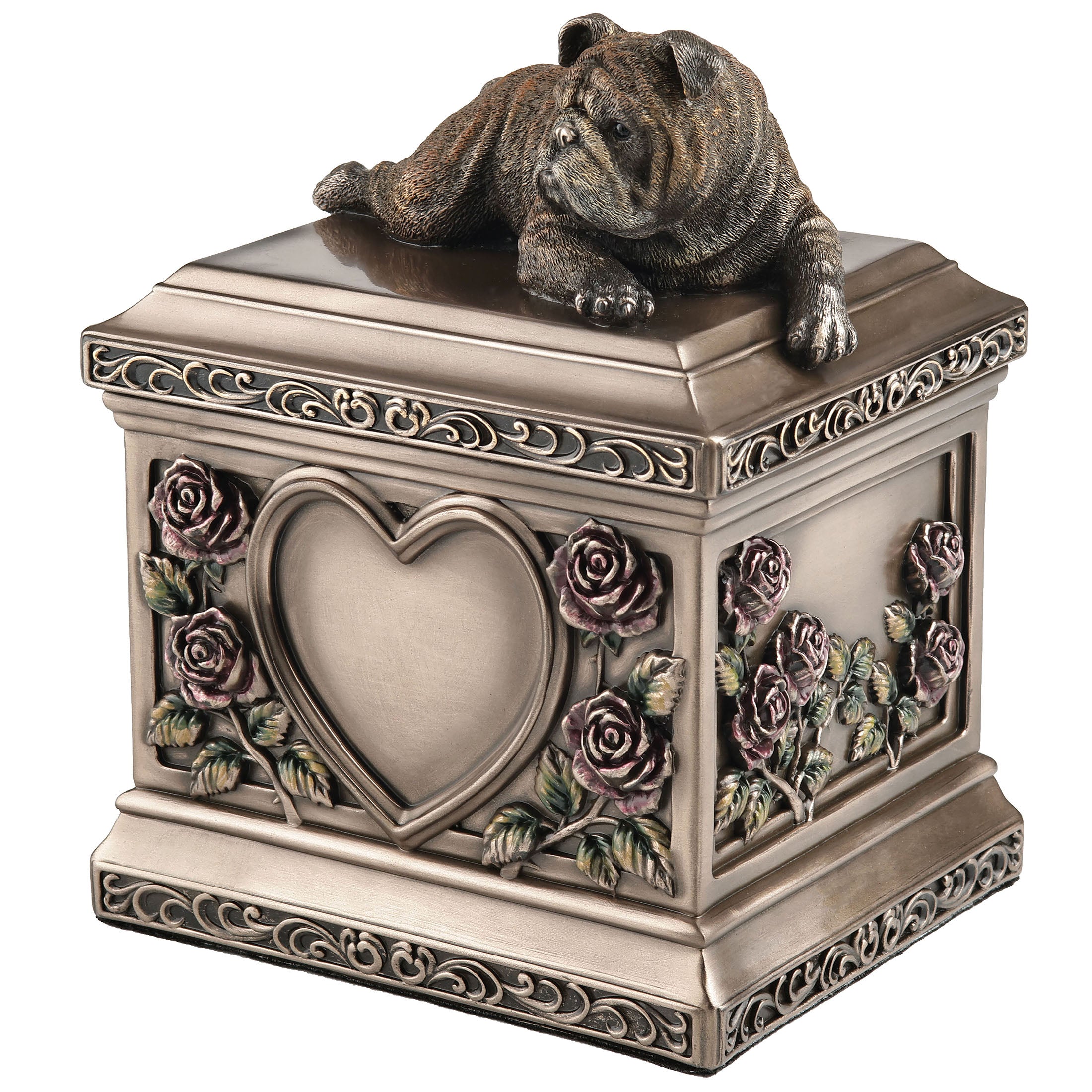 Lying English Bulldog Pet Memorial Rectangular Urn Rose Relief (1200 ml)