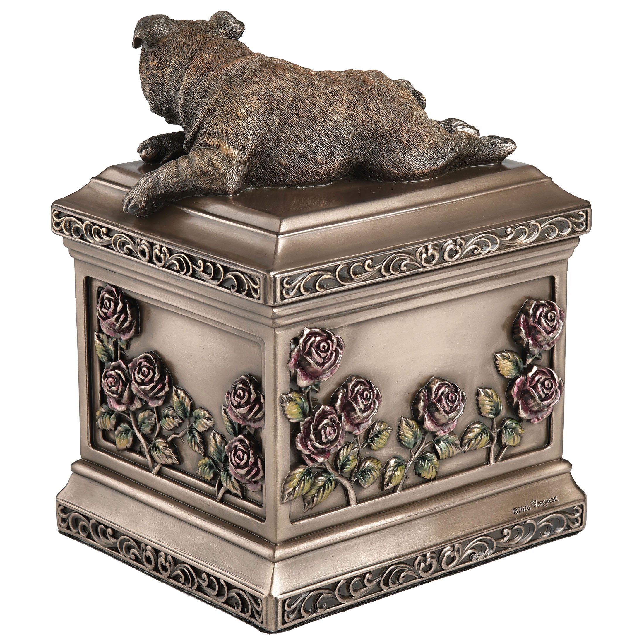 Lying English Bulldog Pet Memorial Rectangular Urn Rose Relief (1200 ml)