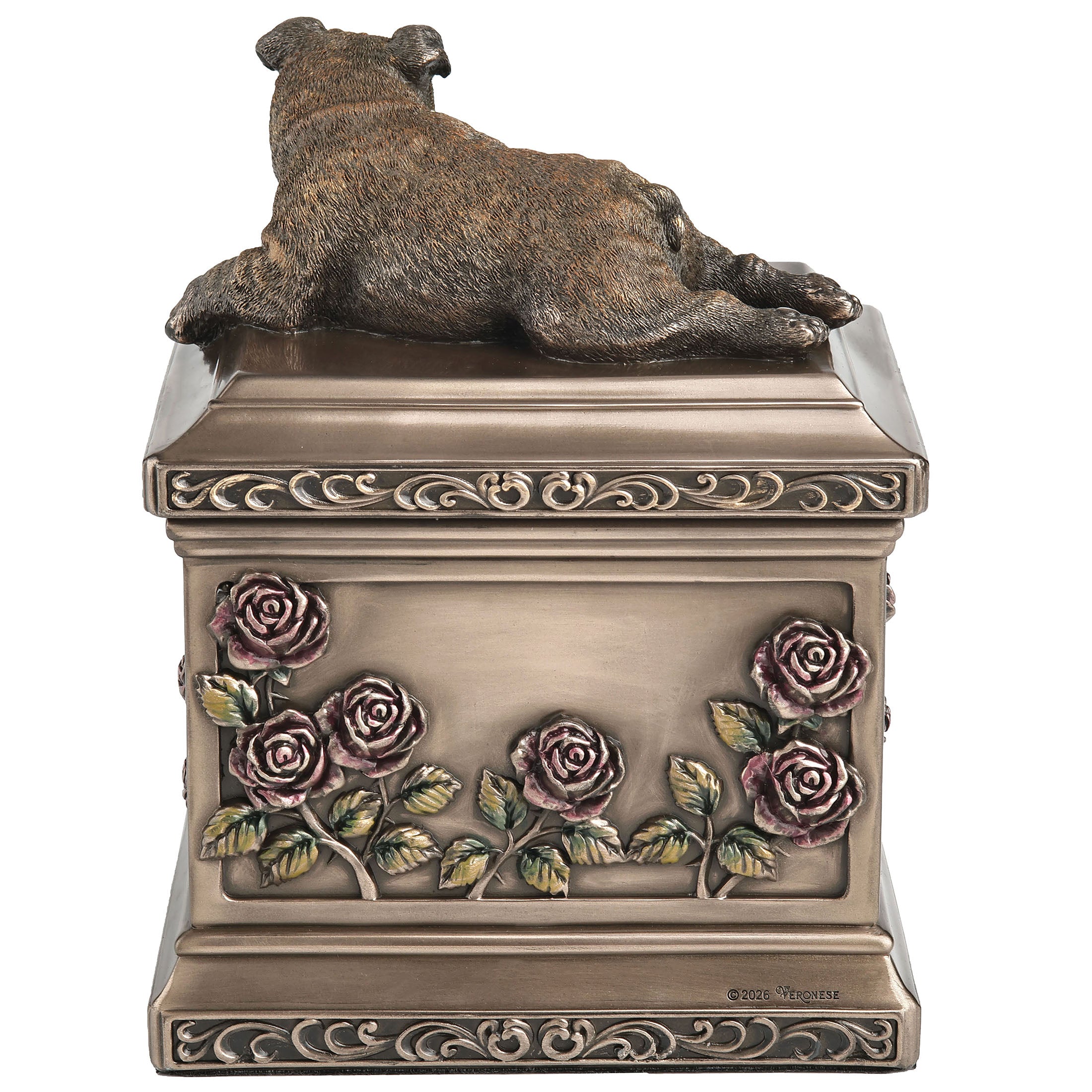 Lying English Bulldog Pet Memorial Rectangular Urn Rose Relief (1200 ml)