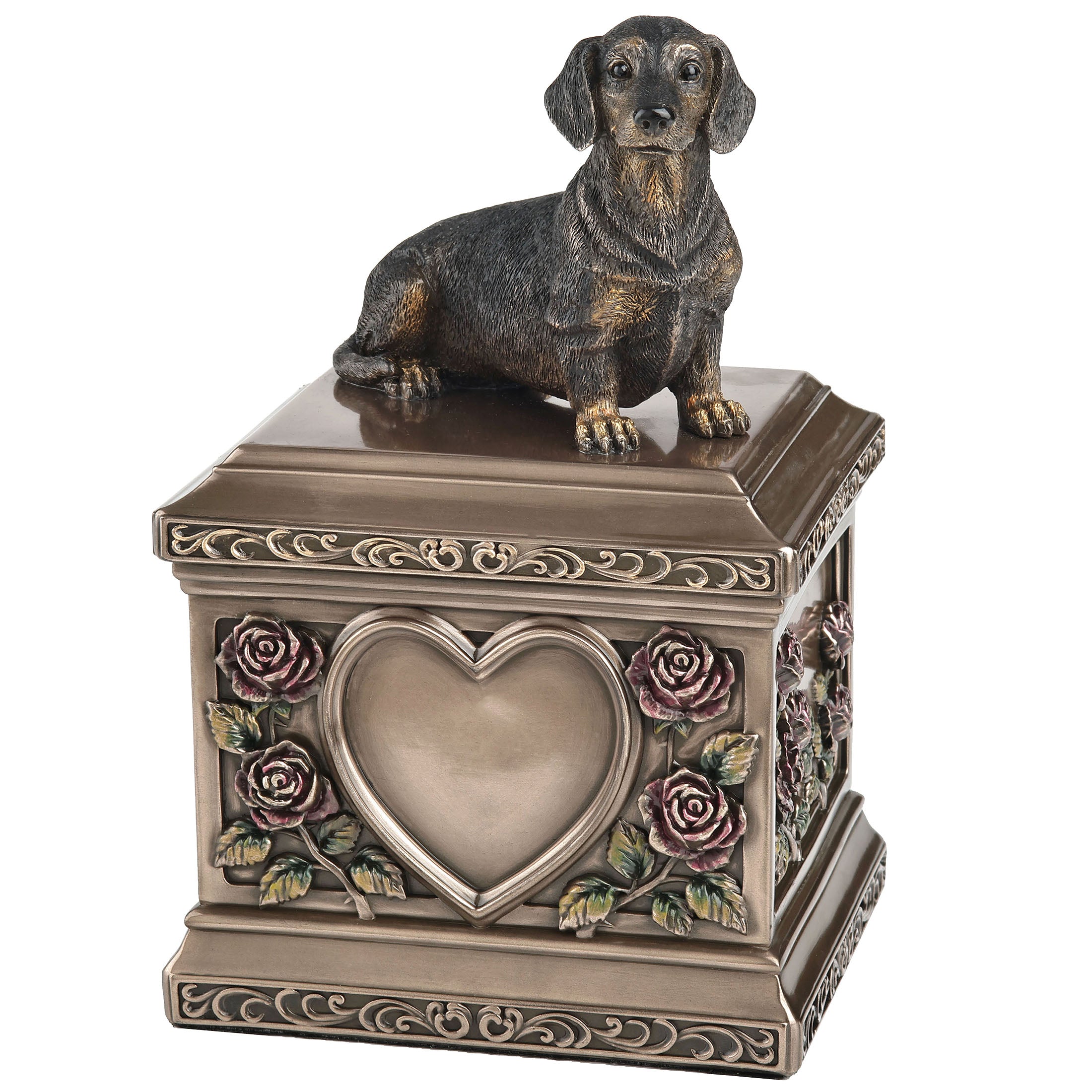 Sitting Dachshund Pet Memorial Rectangular Urn Rose Relief (1000 ml)