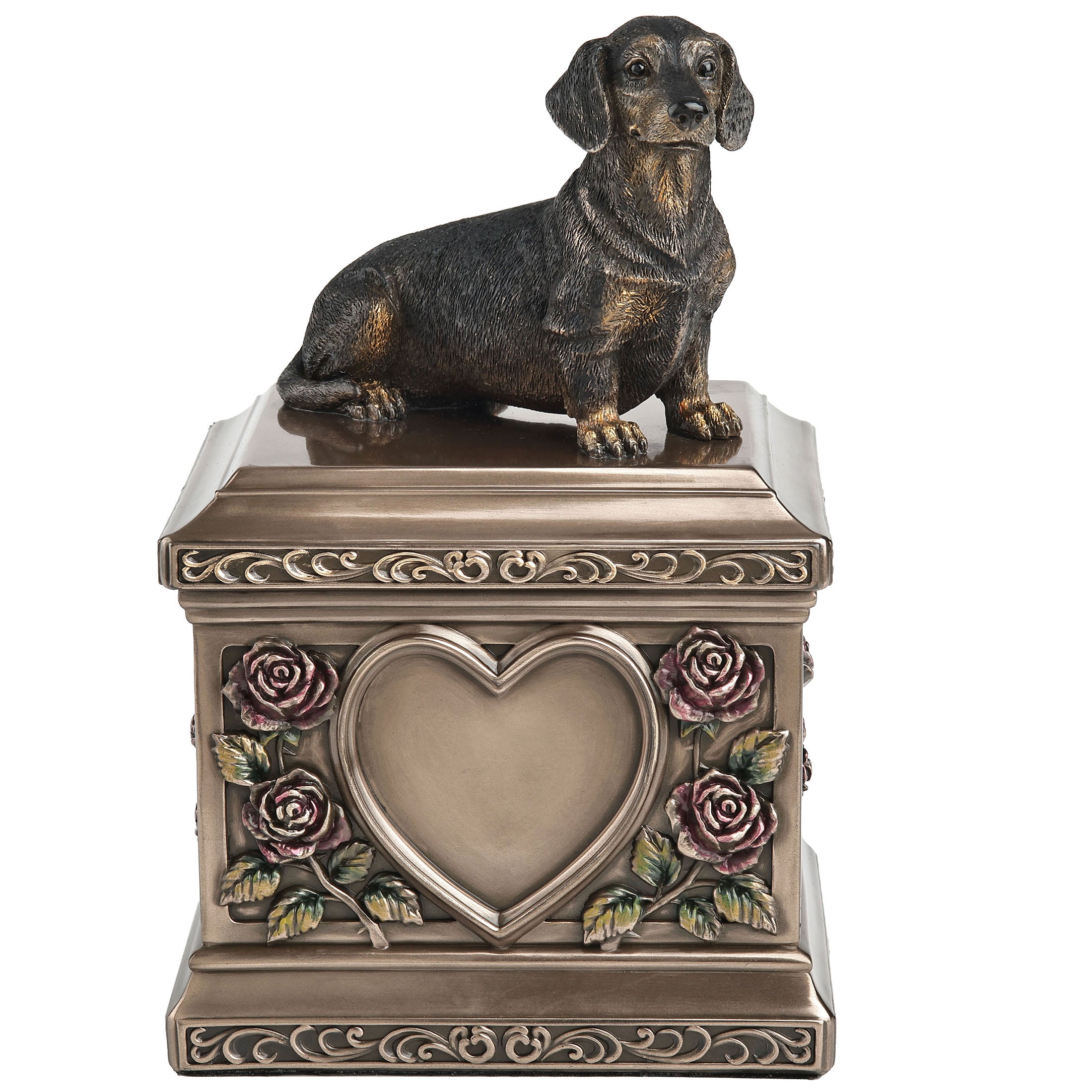 Sitting Dachshund Pet Memorial Rectangular Urn Rose Relief (1000 ml)
