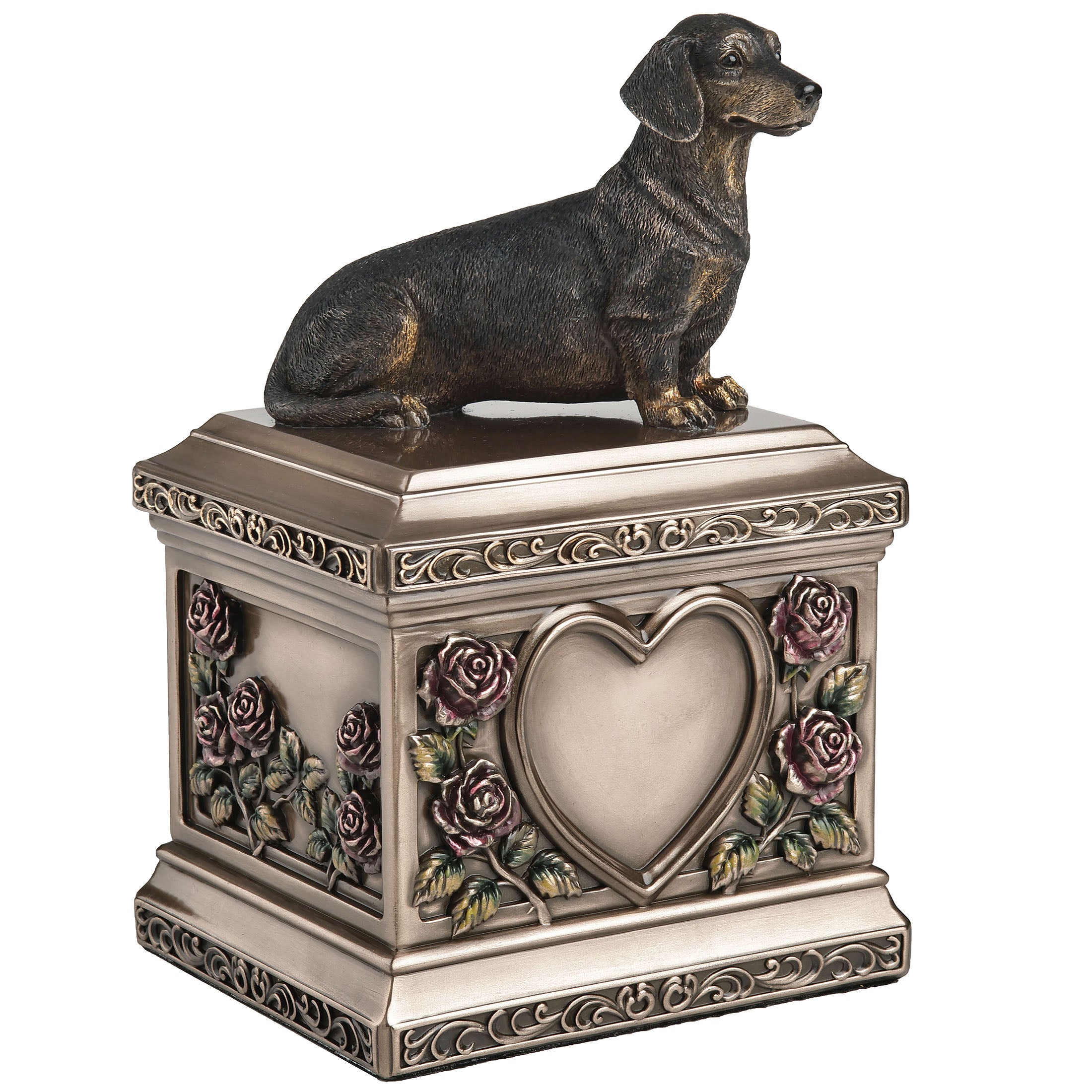 Sitting Dachshund Pet Memorial Rectangular Urn Rose Relief (1000 ml)