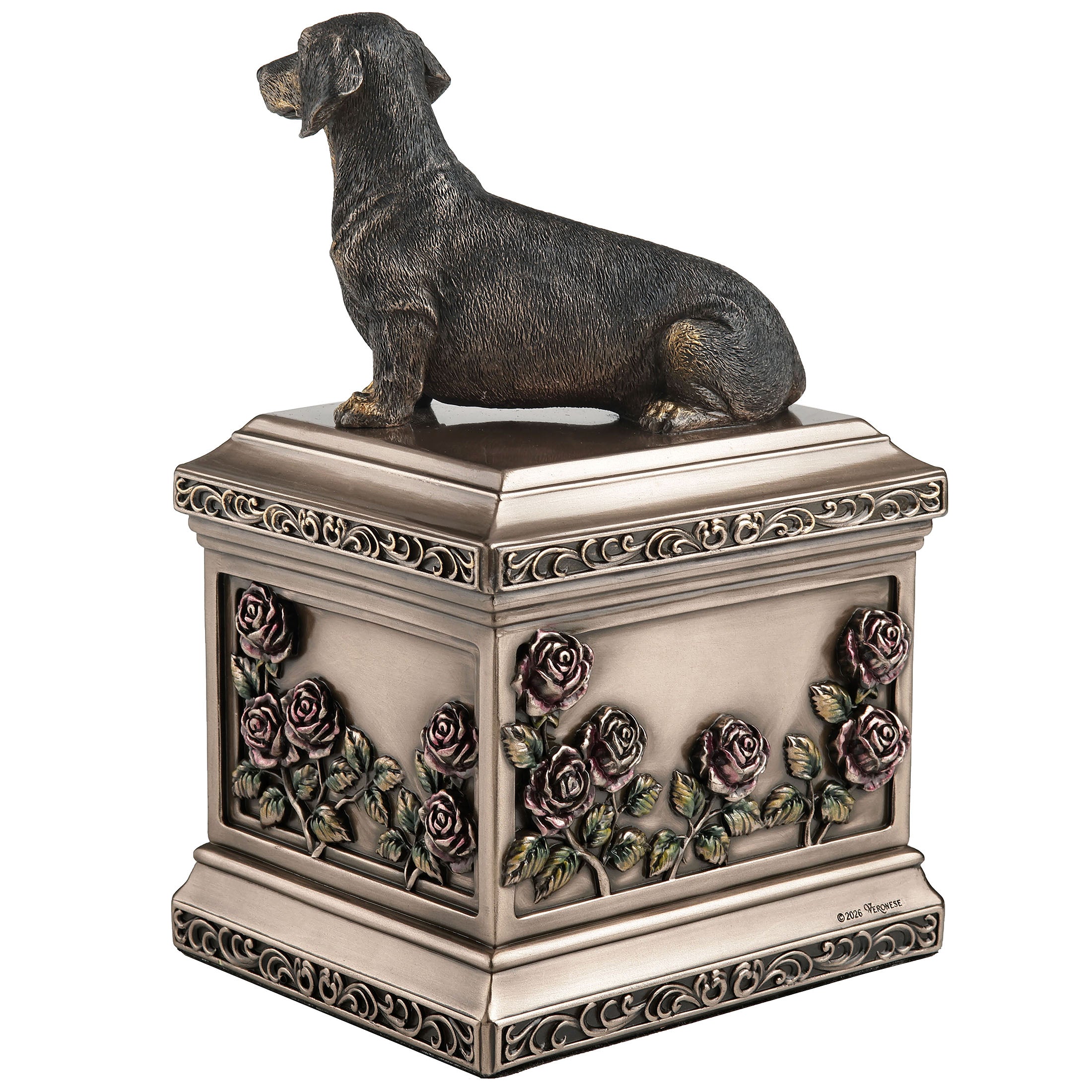 Sitting Dachshund Pet Memorial Rectangular Urn Rose Relief (1000 ml)