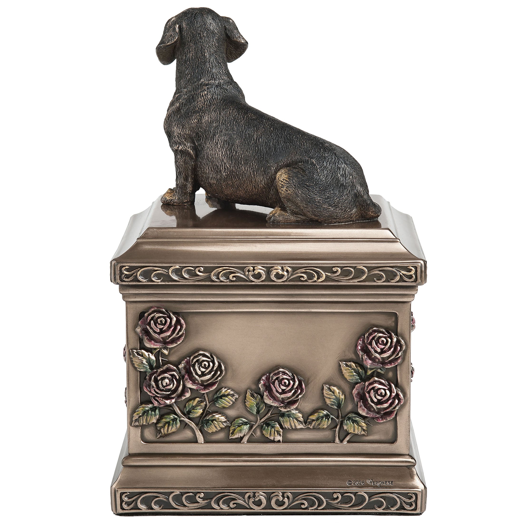 Sitting Dachshund Pet Memorial Rectangular Urn Rose Relief (1000 ml)