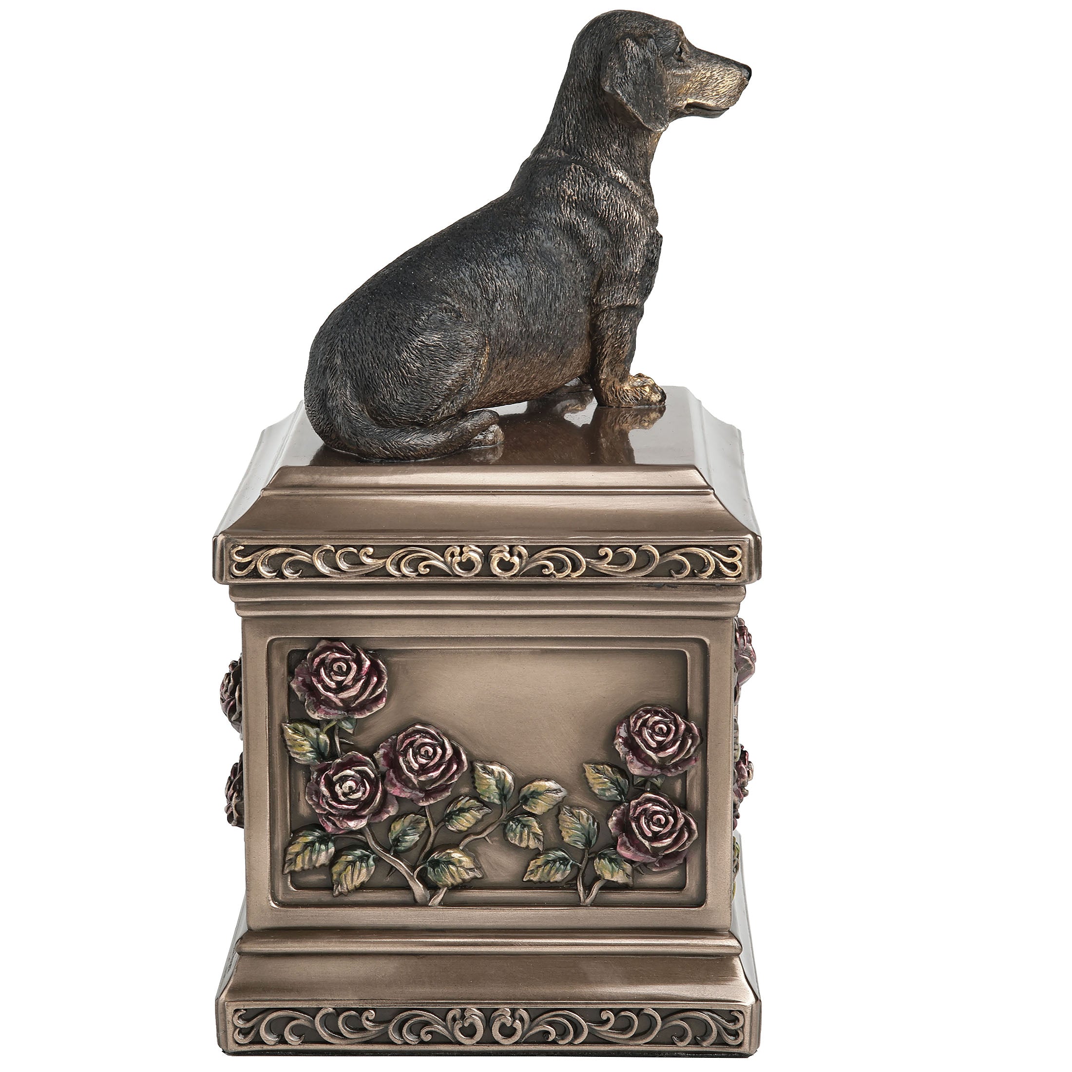 Sitting Dachshund Pet Memorial Rectangular Urn Rose Relief (1000 ml)
