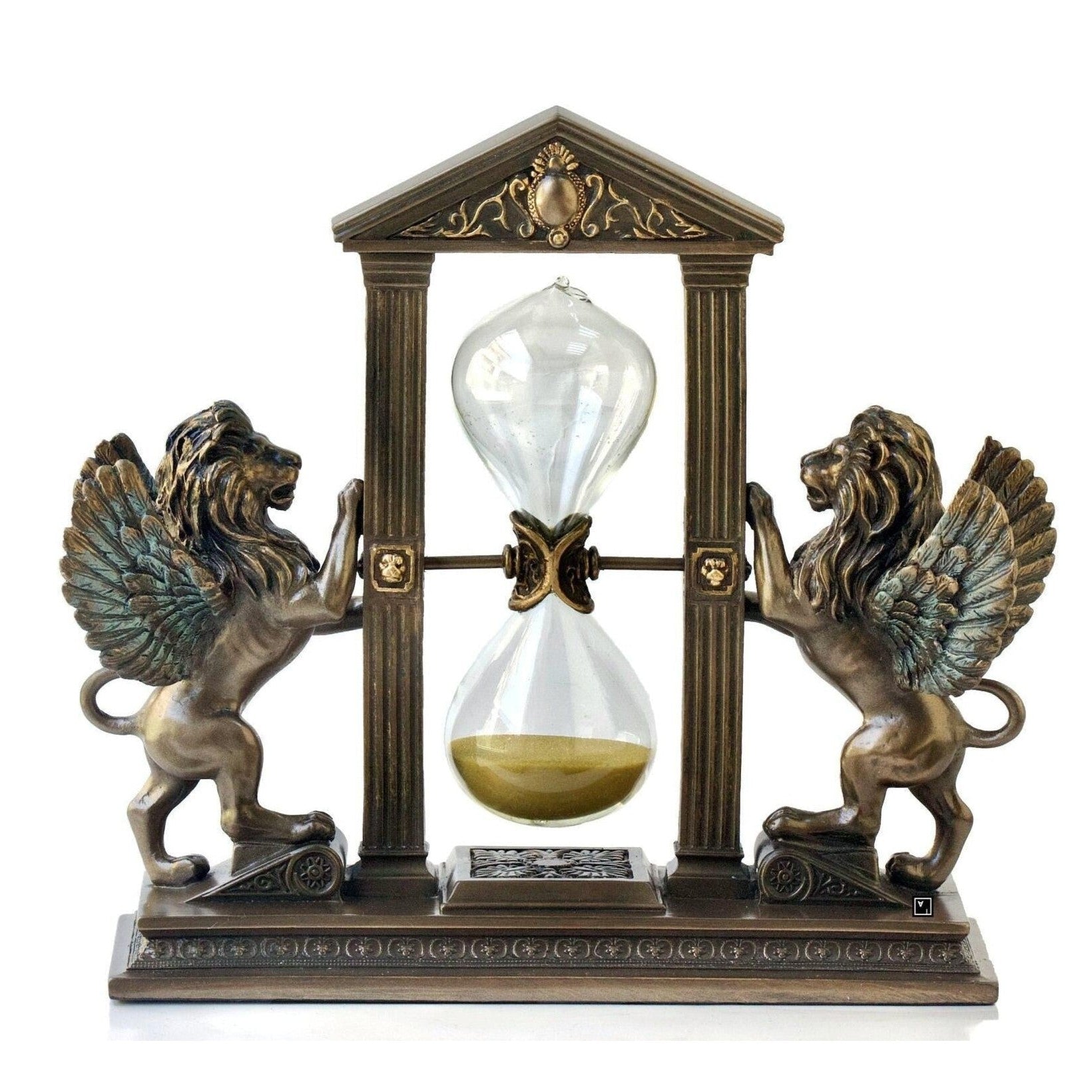 Winged Lions Gold Sand Timer Hourglass | Animal Sculptures