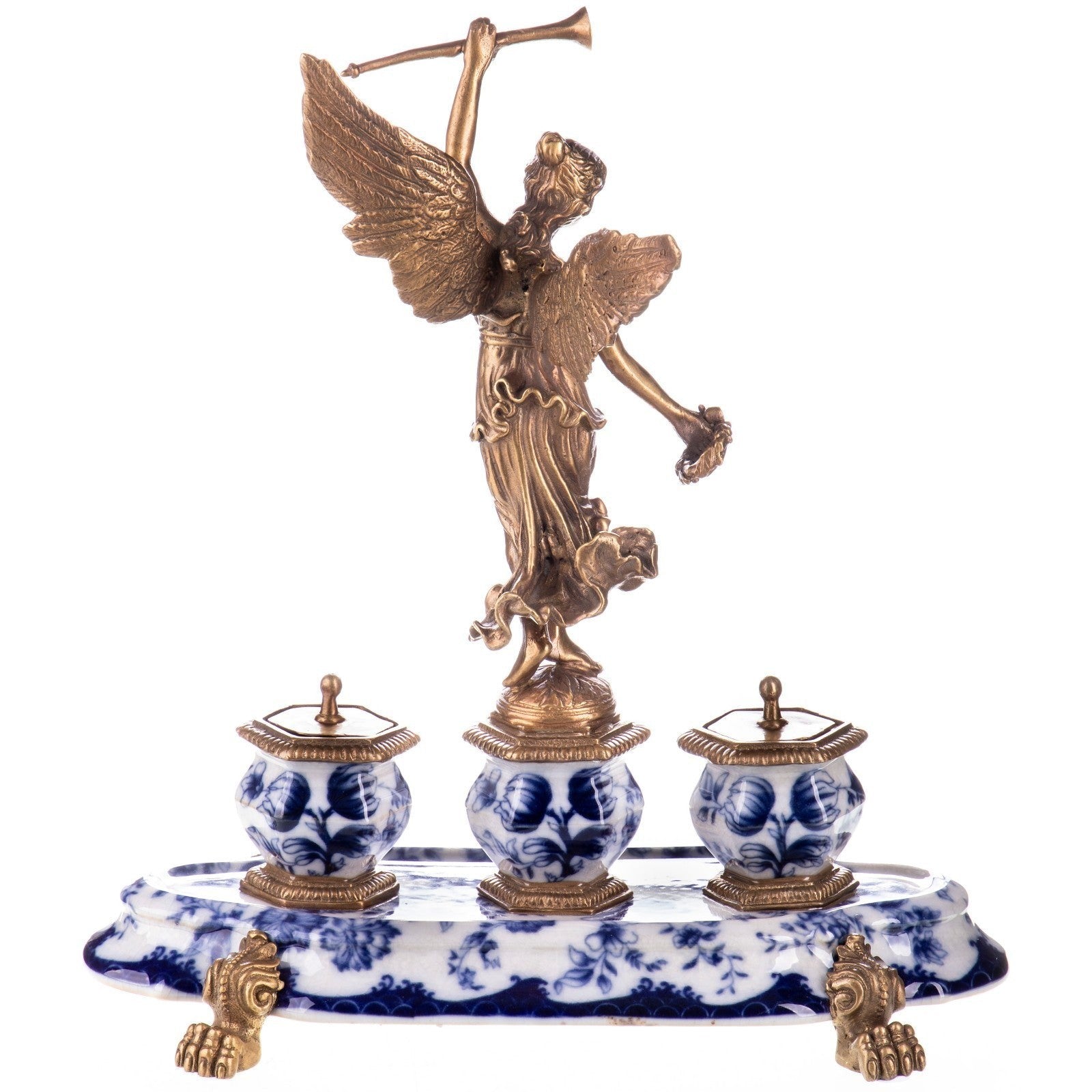 Winged Victory Inkwell Set with Blue Porcelain Base, Desk & Curio Acce