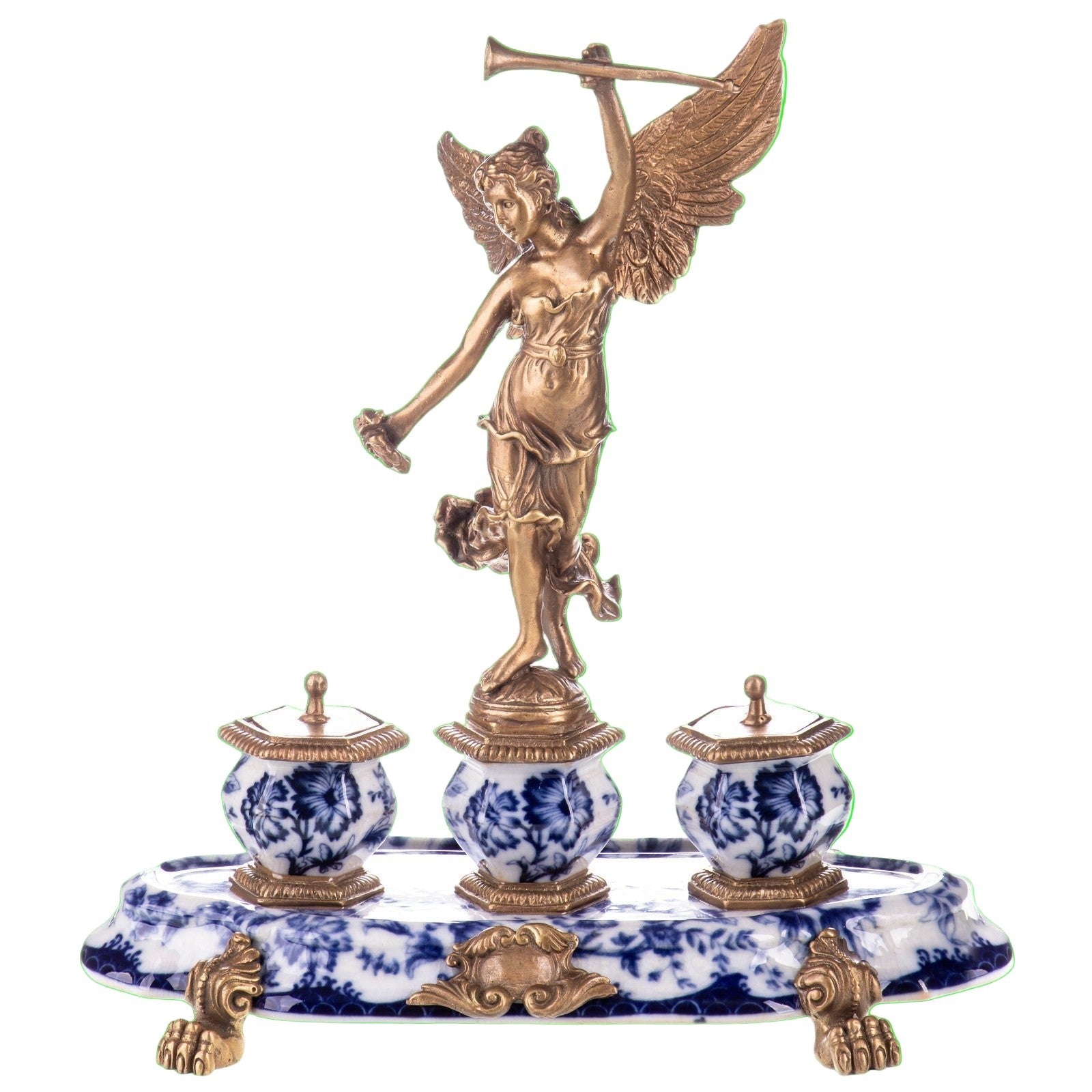 Winged Victory Inkwell Set with Blue Porcelain Base, Desk & Curio Acce