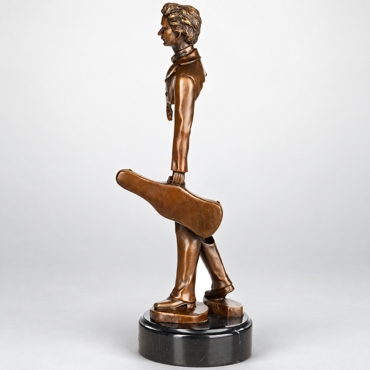 Musician with Violin Case Modern Bronze Sculpture