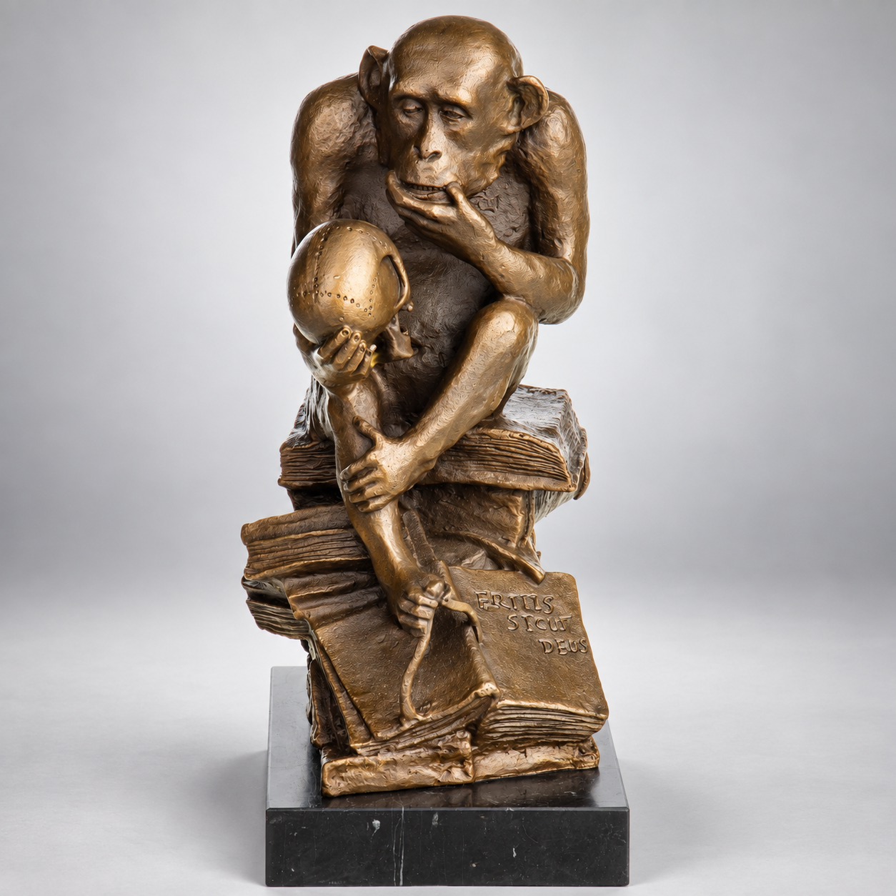 Darwin's Monkey with Skull Bronze Sculpture – view 1