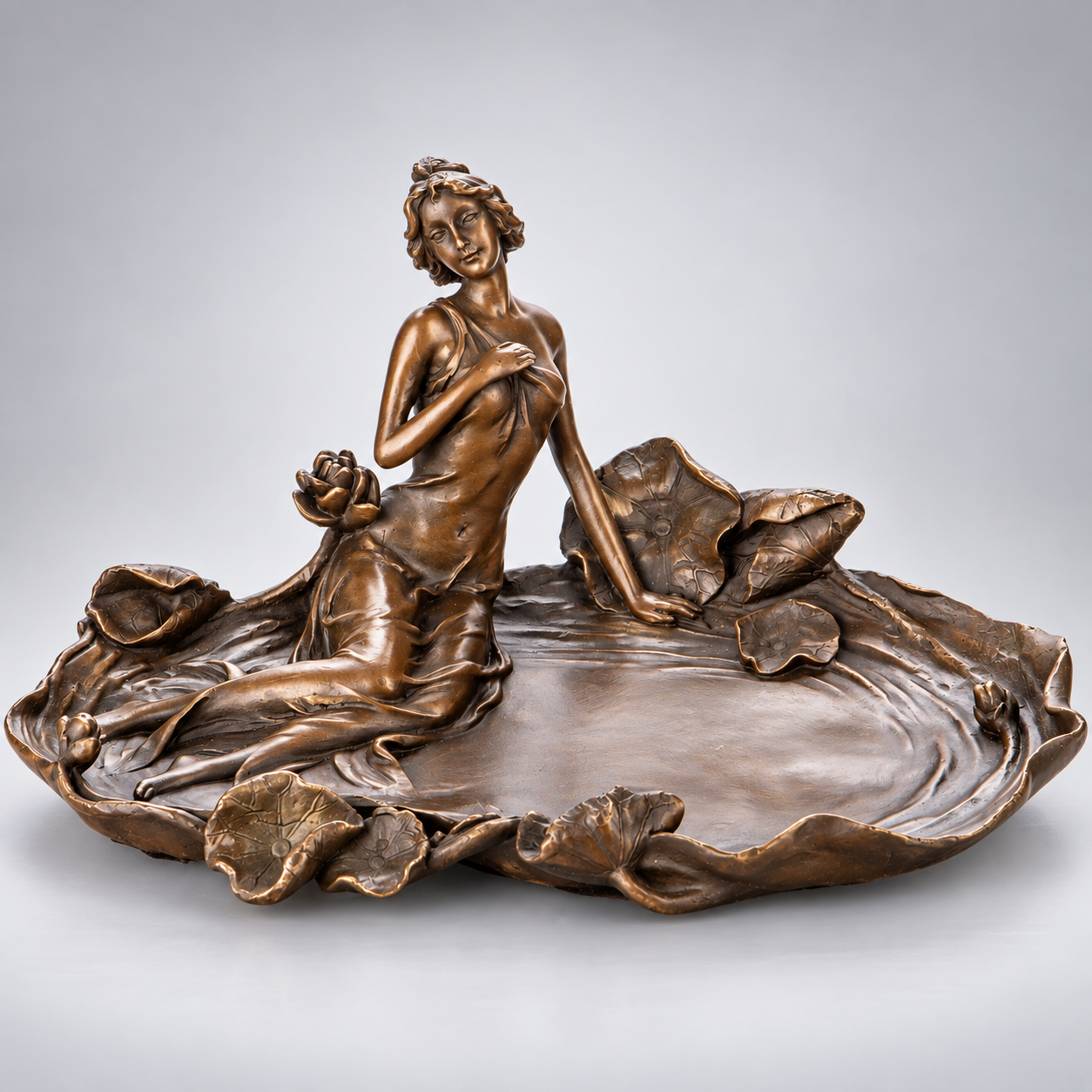 Woman with Water Lilies Art Nouveau Bronze Sculpture