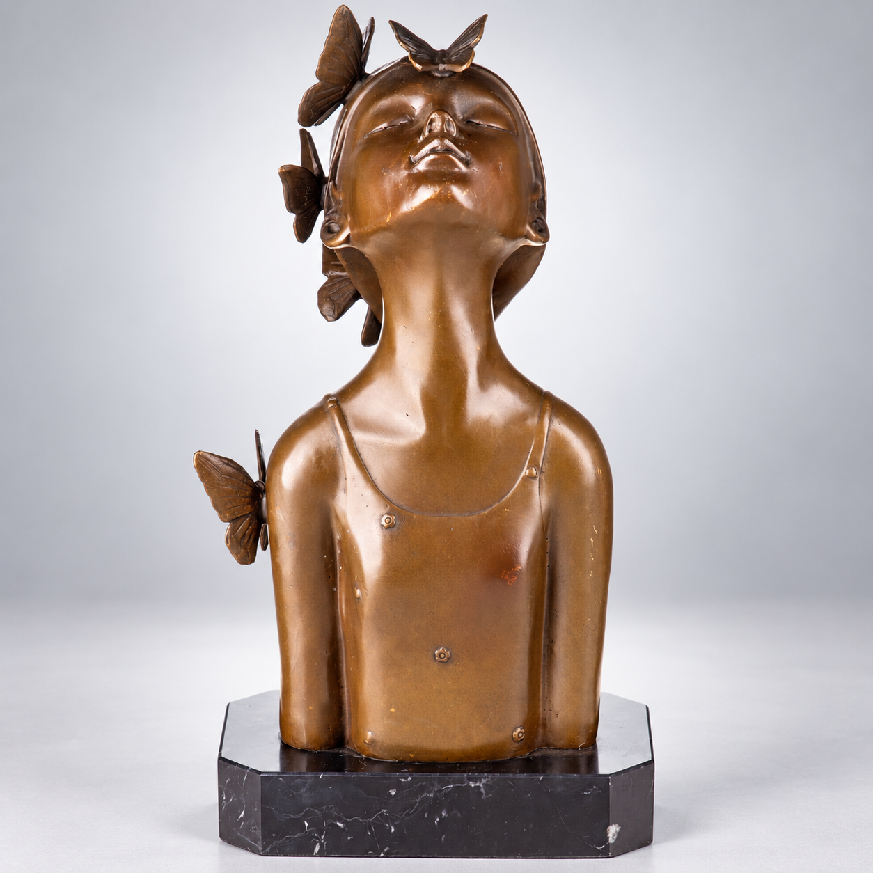 Girl Bust with Butterflies Modern Bronze Sculpture