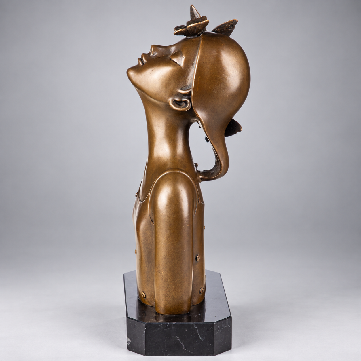 Girl Bust with Butterflies Modern Bronze Sculpture
