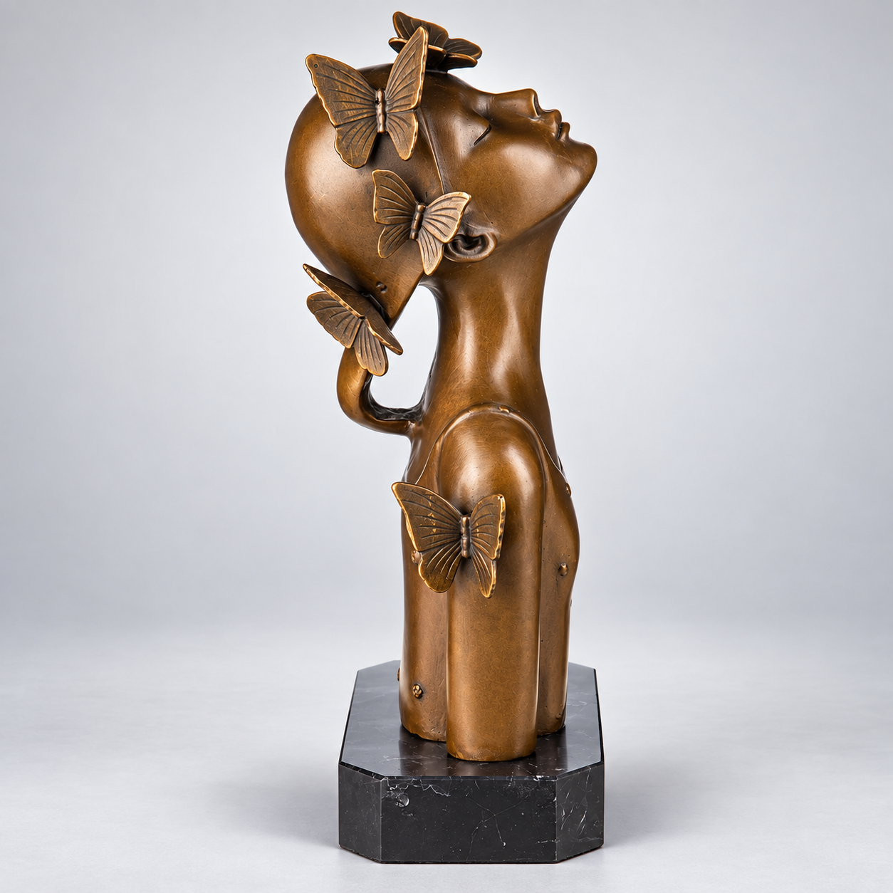 Girl Bust with Butterflies Modern Bronze Sculpture