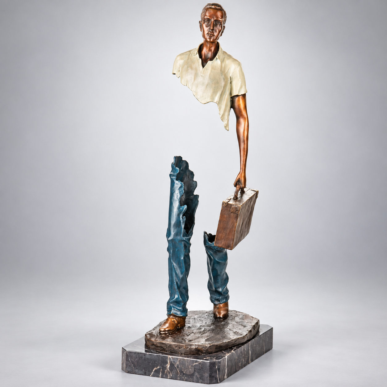 Man with Suitcase Modern Bronze Sculpture, Painted (Style C)