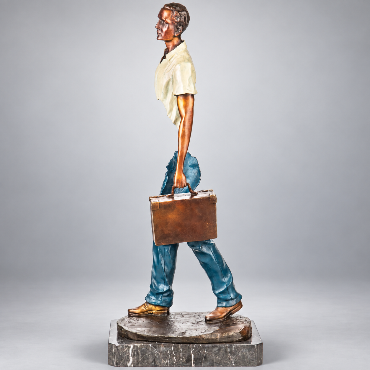 Man with Suitcase Modern Bronze Sculpture, Painted (Style C)