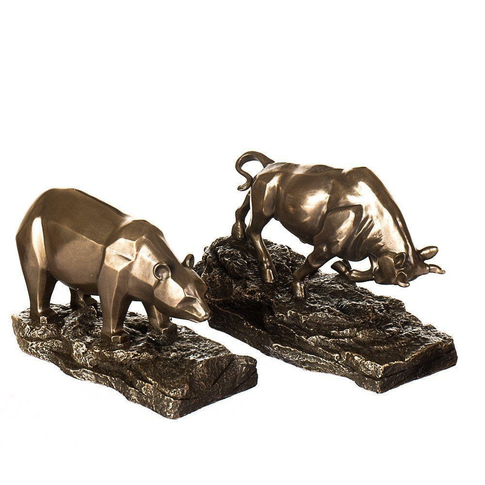 Bronzed Bull and Bear Sculpture: Stock Market Figurines