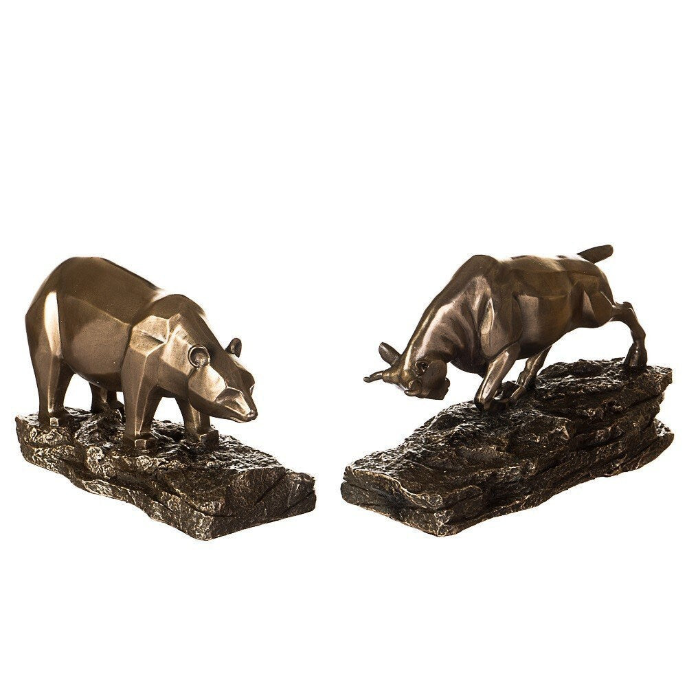 Bronzed Bull and Bear Sculpture: Stock Market Figurines