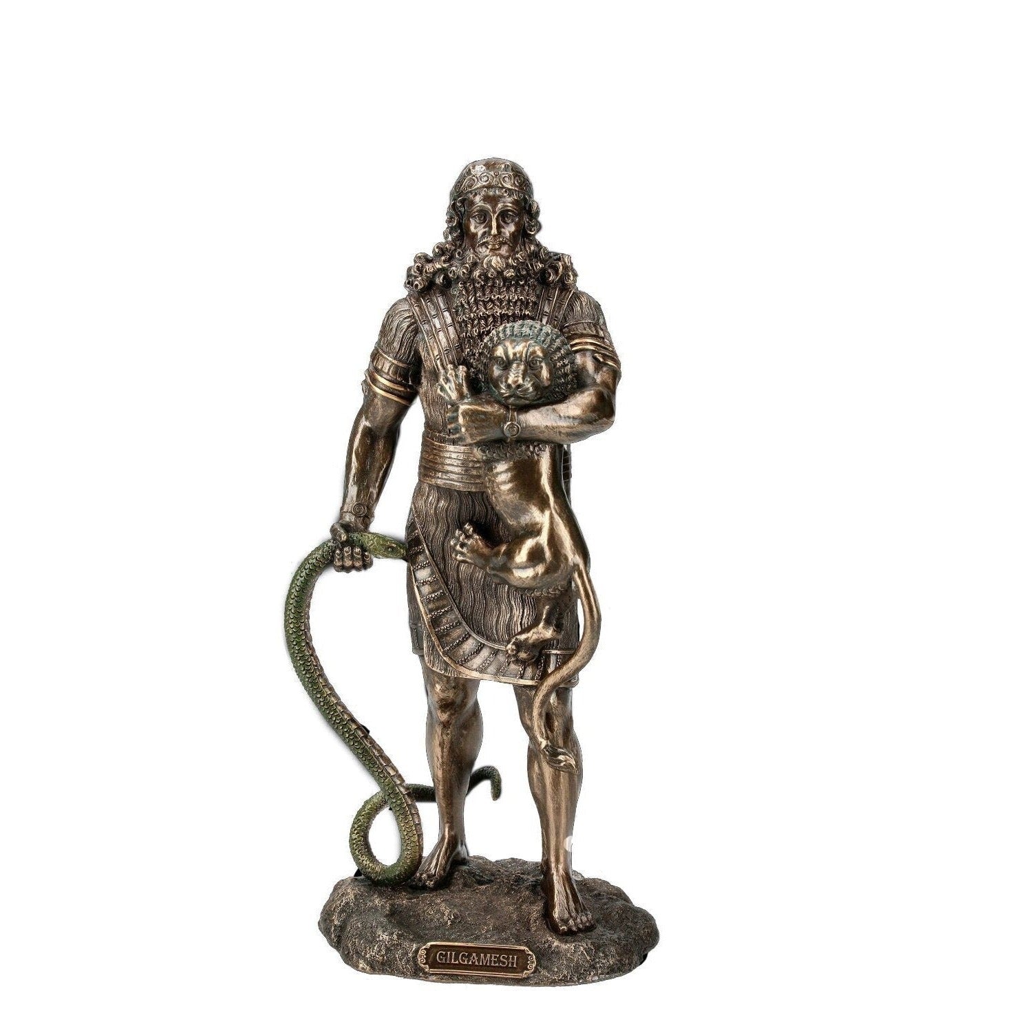 Gilgamesh Statue: Bronzed Sumerian King Holding Lion, Cold Cast Resin