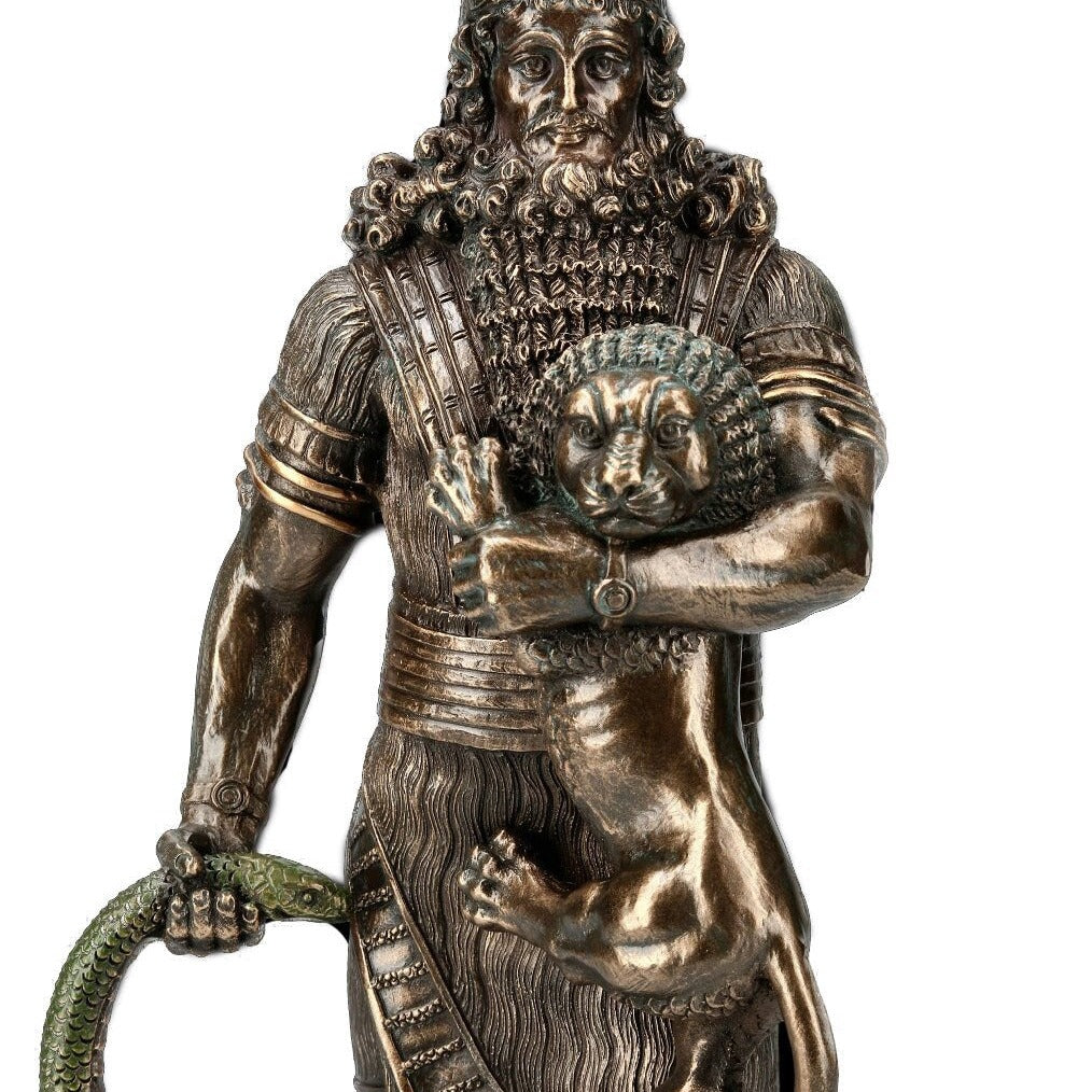 Gilgamesh Statue: Bronzed Sumerian King Holding Lion, Cold Cast Resin