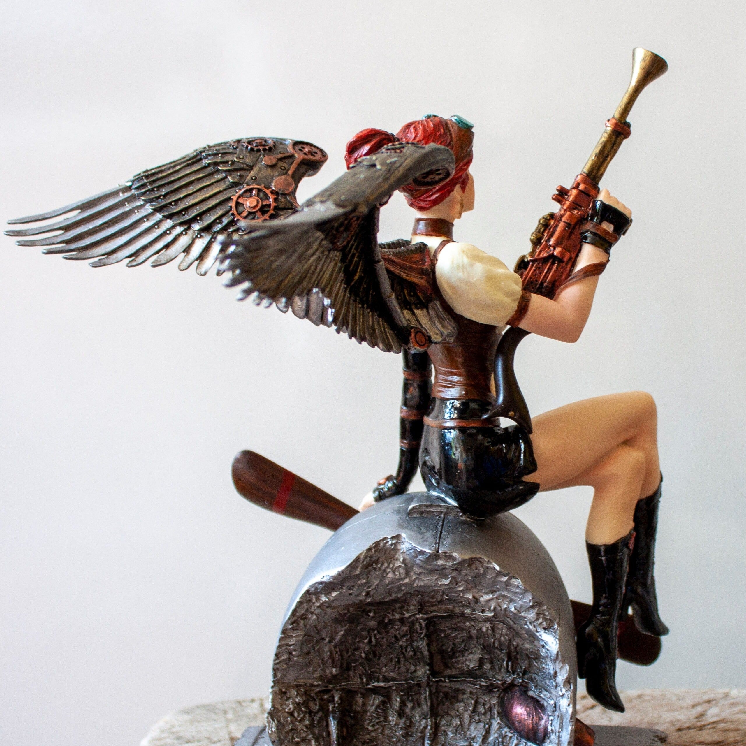 Steampunk Figurine Statue. Cherry Haired Armed Aviator Angel On Aircraft Statue