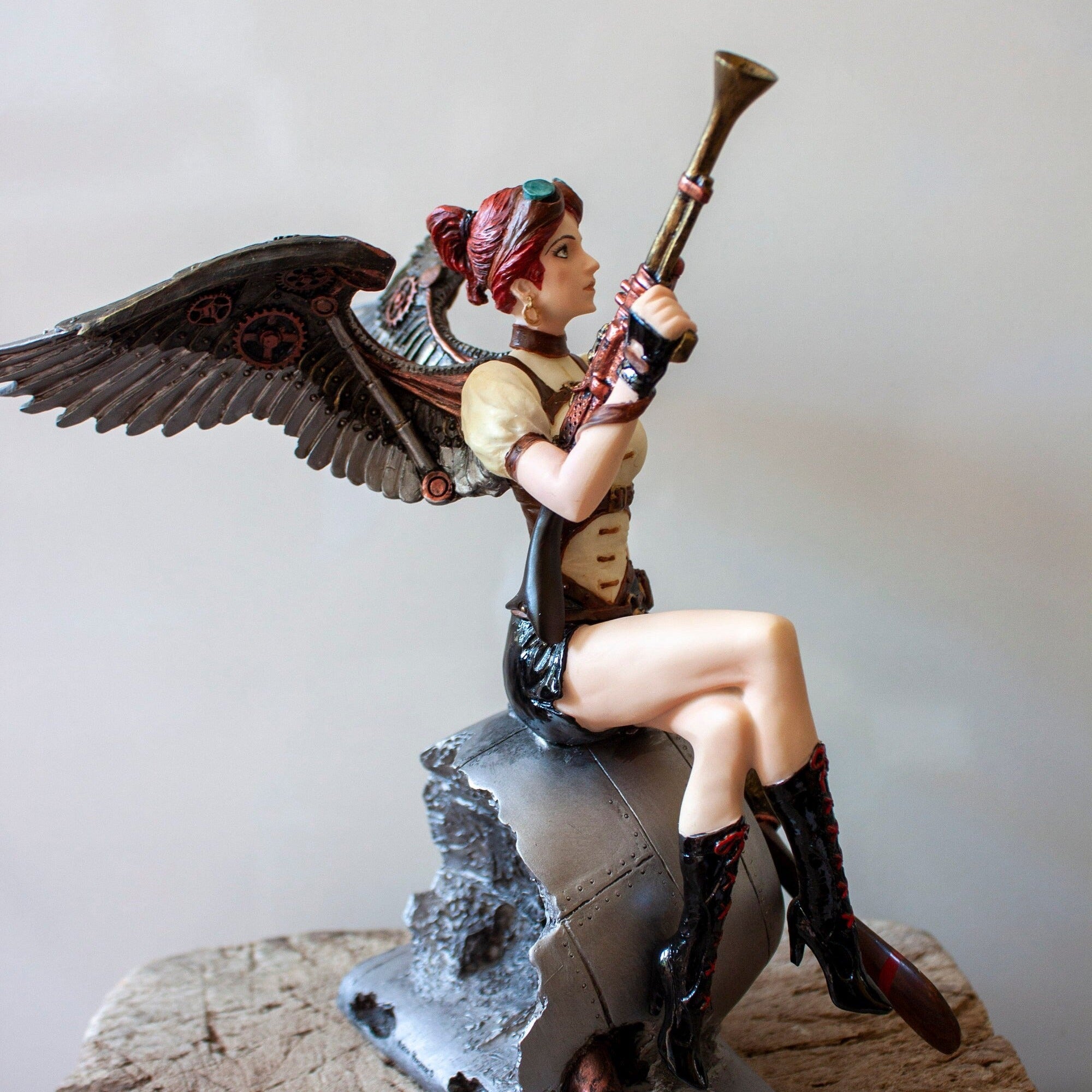 Steampunk Figurine Statue. Cherry Haired Armed Aviator Angel On Aircraft Statue