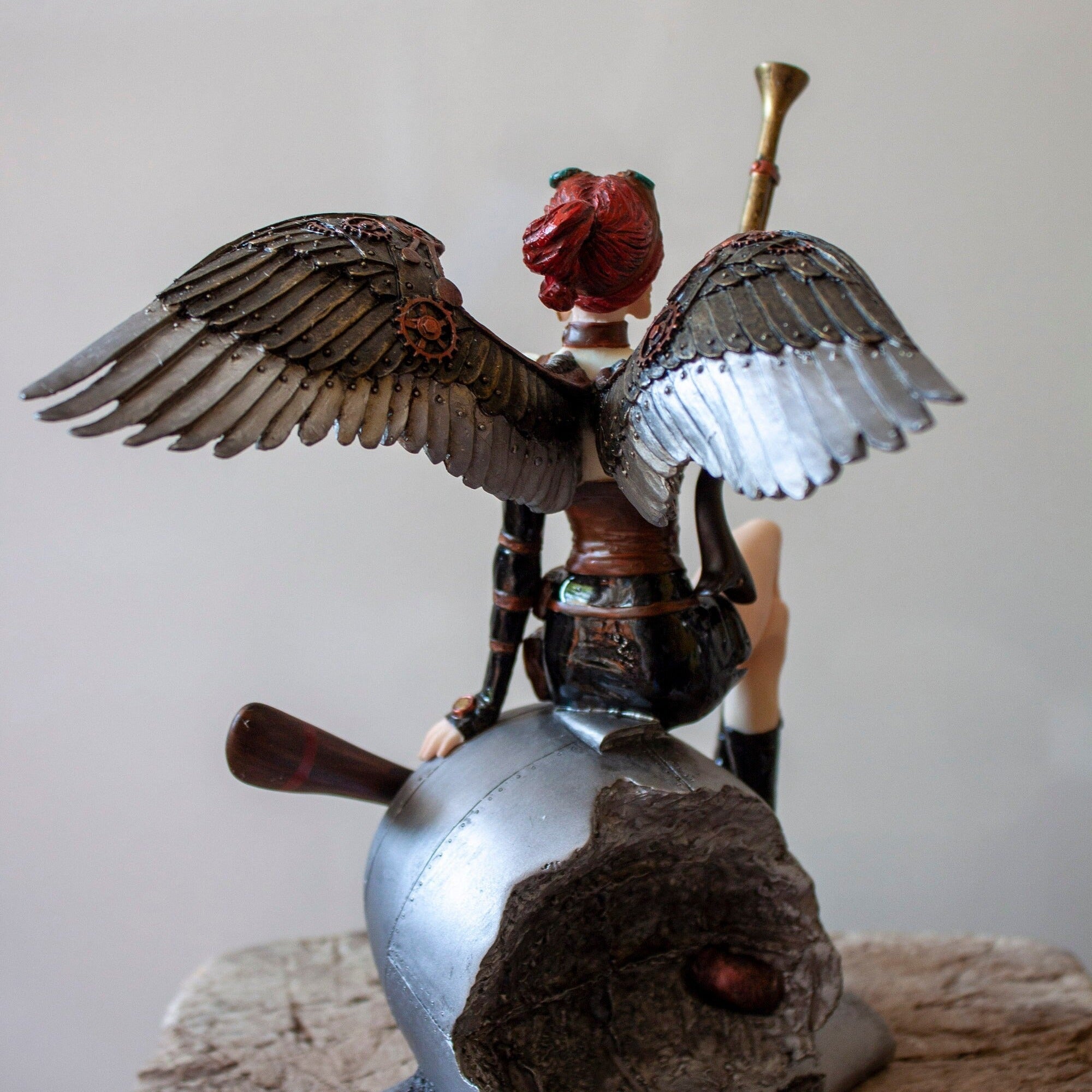 Steampunk Figurine Statue. Cherry Haired Armed Aviator Angel On Aircraft Statue