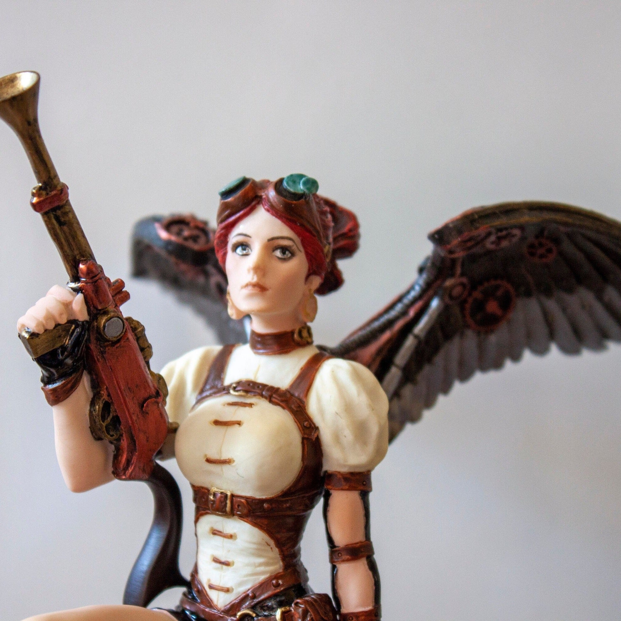 Steampunk Figurine Statue. Cherry Haired Armed Aviator Angel On Aircraft Statue