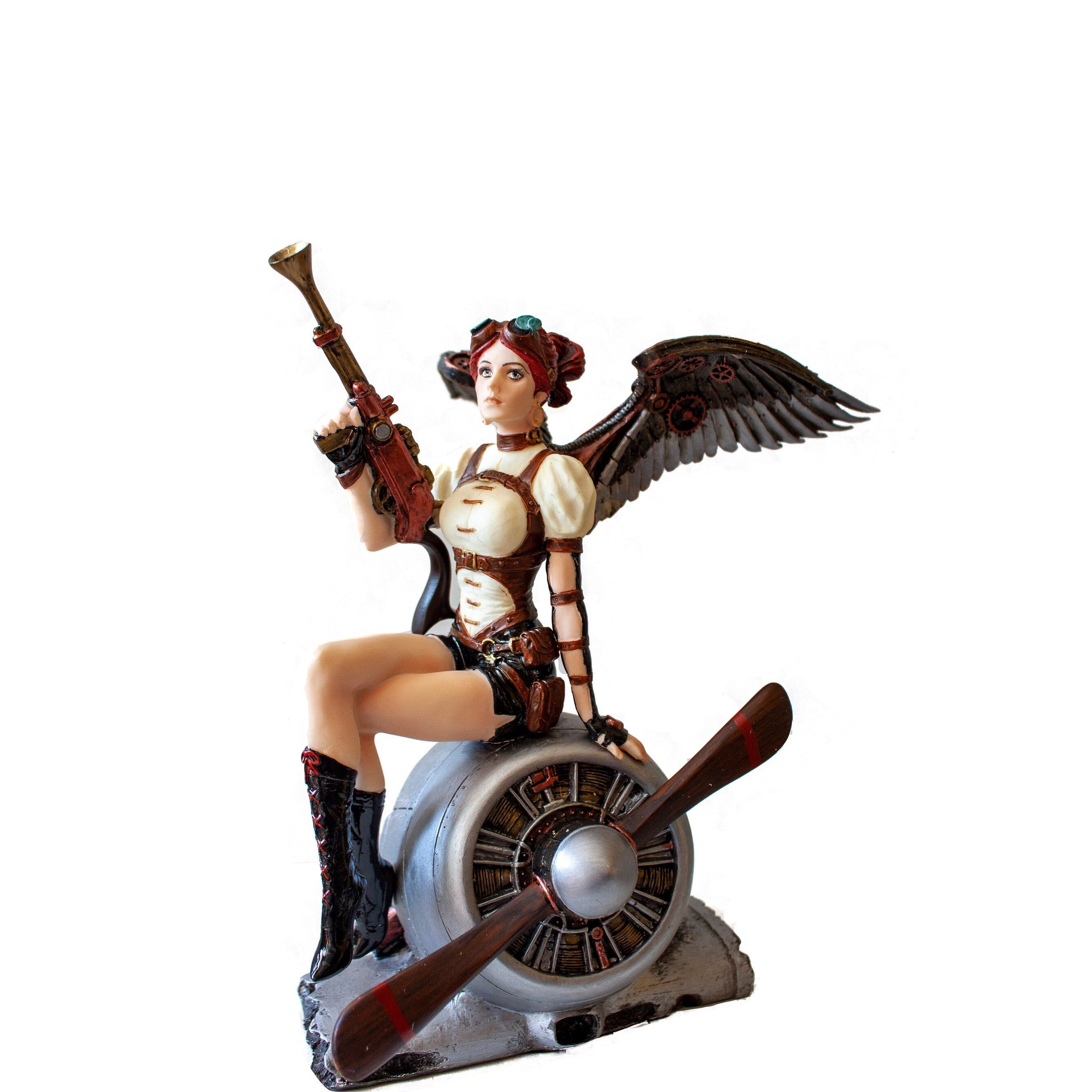 Steampunk Figurine Statue. Cherry Haired Armed Aviator Angel On Aircraft Statue
