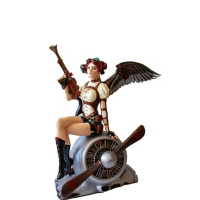 Steampunk Figurine Statue. Cherry Haired Armed Aviator Angel On Aircraft Statue