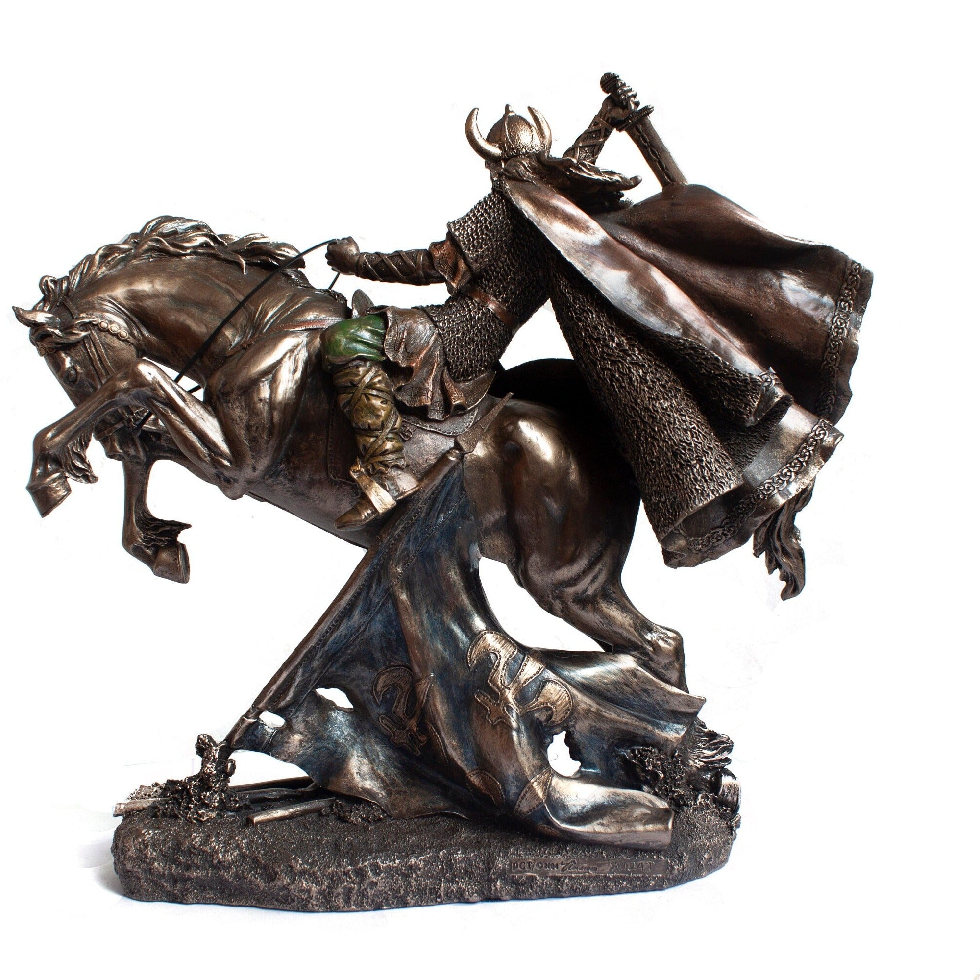 Bronzed Viking Warrior on Horse Statue