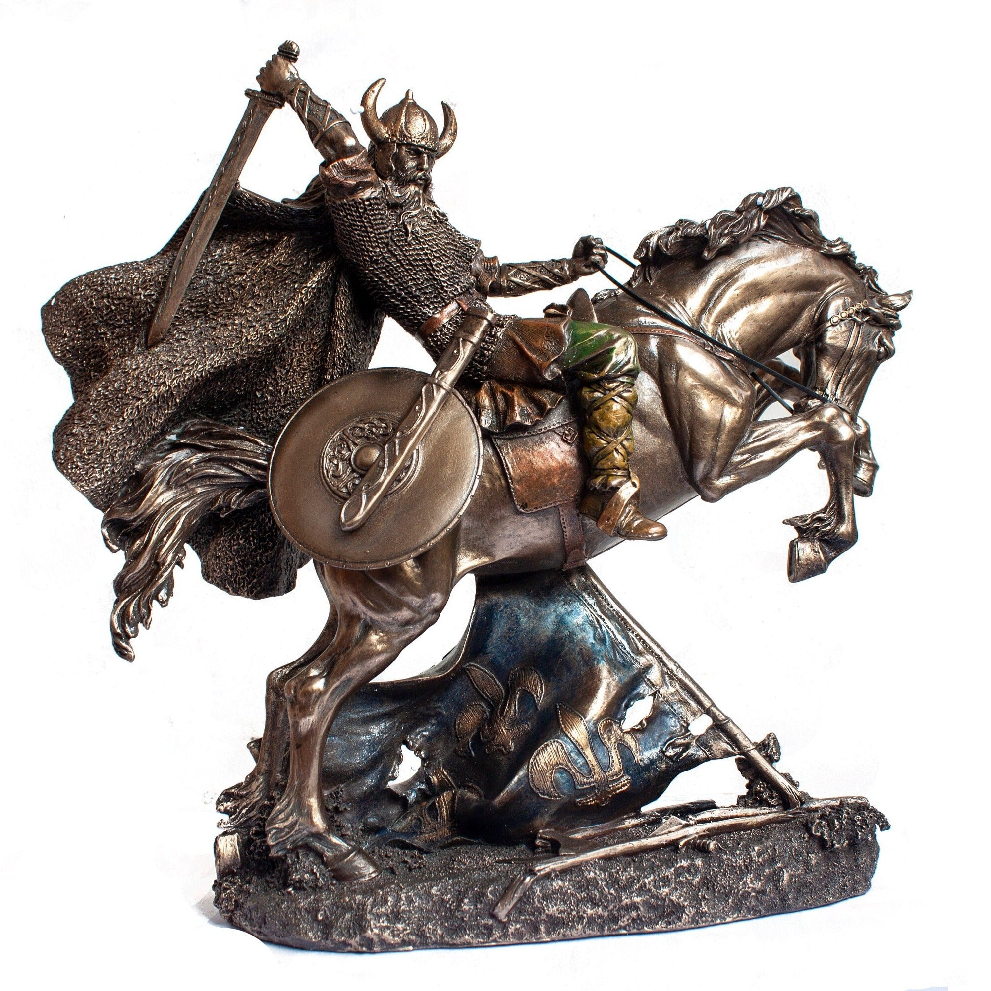 Bronzed Viking Warrior on Horse Statue