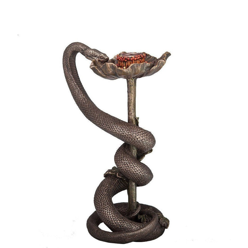 Cold Cast Bronze Snake on Poppy Candle Holder - Veronese Design