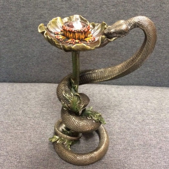 Cold Cast Bronze Snake on Poppy Candle Holder - Veronese Design