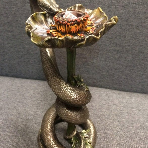 Cold Cast Bronze Snake on Poppy Candle Holder - Veronese Design